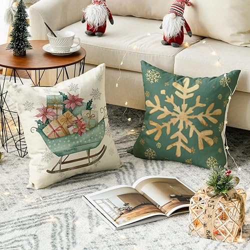 Miniatura 4 de AVOIN colorlife Juego de 4 fundas de almohada de trineo de copos de nieve con árboles de Navidad, renos verdes, 18 x 18 pulgadas, decoración de