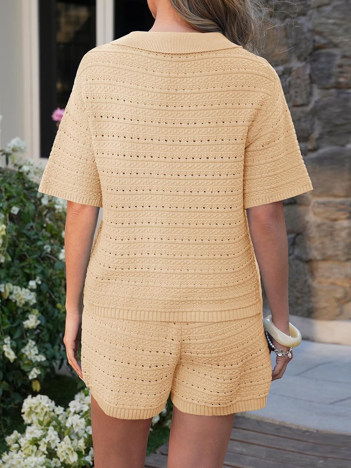 Fisoew Womens 2 Piece Crochet Swimsuit Cover Ups Button Cardigan Loose Knit Shorts Sets Summer Beach Vacation Outfit - Image 4