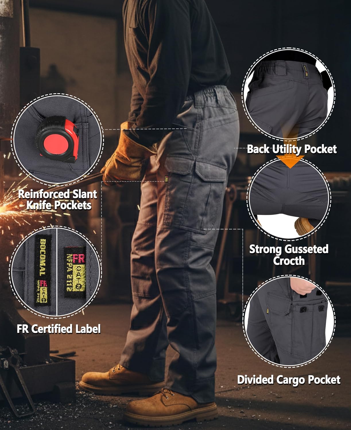 BOCOMAL FR Pants for Men Cargo Pockets Dura-Stretch Rip-Stop Soft Flame Resistant Reinforced Work Jeans Relaxed Fit - Image 6