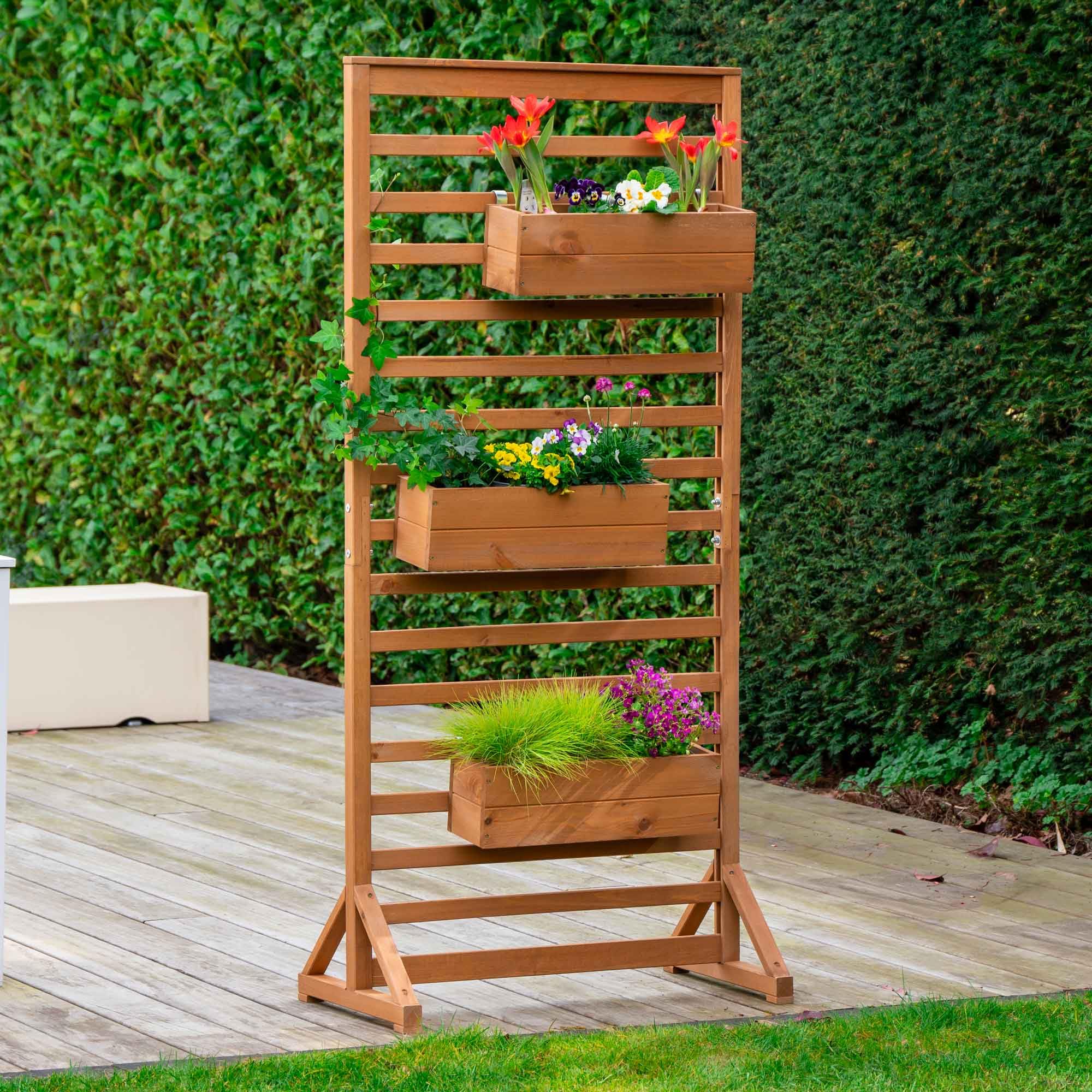 dobar® Holz Paravent Rankgitter mit Pflanzkästen - freistehende Spalierwand als Sichtschutz & Raumteiler für Garten, Balkon & Terrasse - Rankhilfe für Kletterpflanzen mit 3 Blumenkästen - 75 x 40 x 16