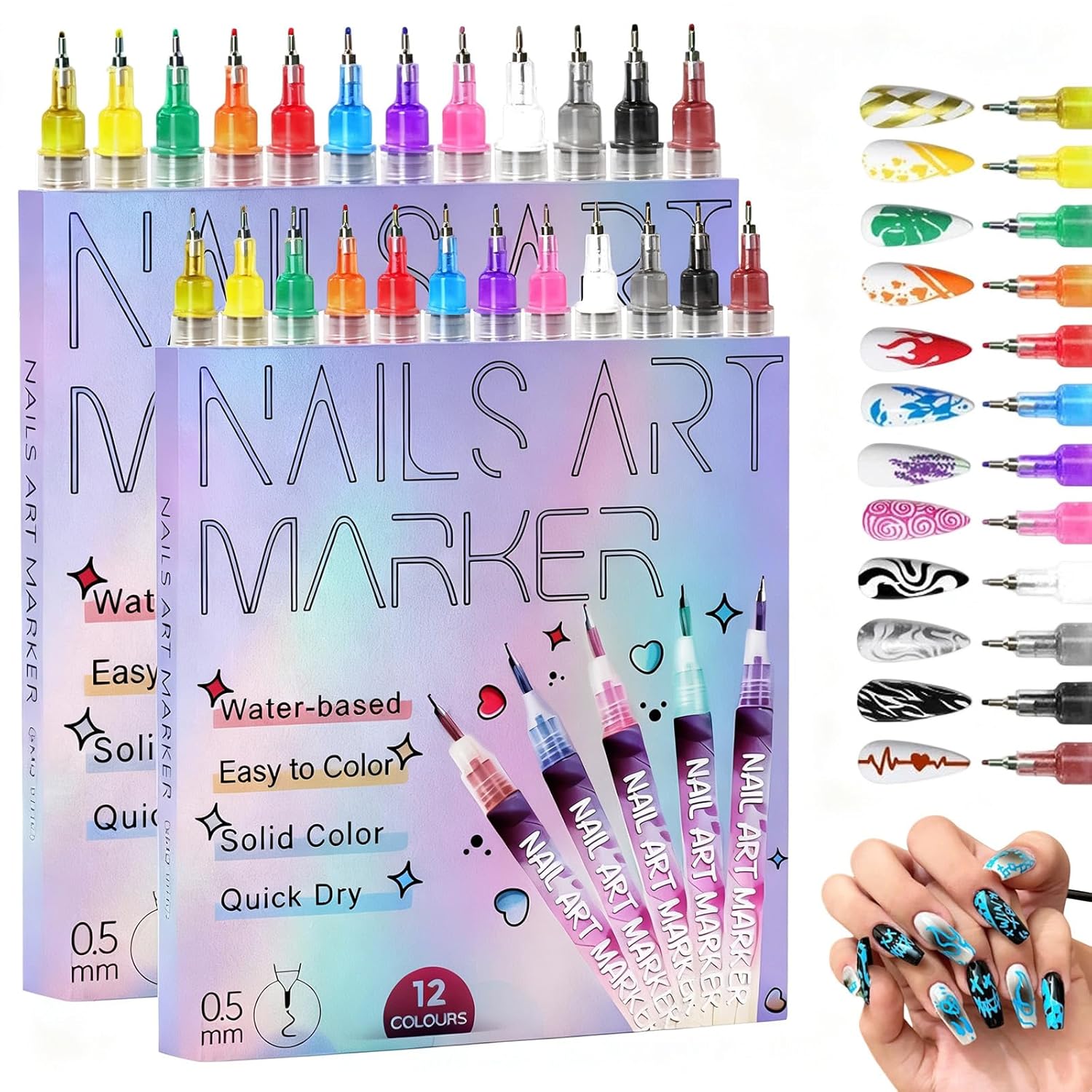 12 Colors Nail Art Pens Set, 0.5mm Fine Tip Acrylic Paint Markers, 2025 New Waterproof Quick-Drying Nail Pens, 3d Nail Art Marker Kit for Art Design DIY (2PCS)