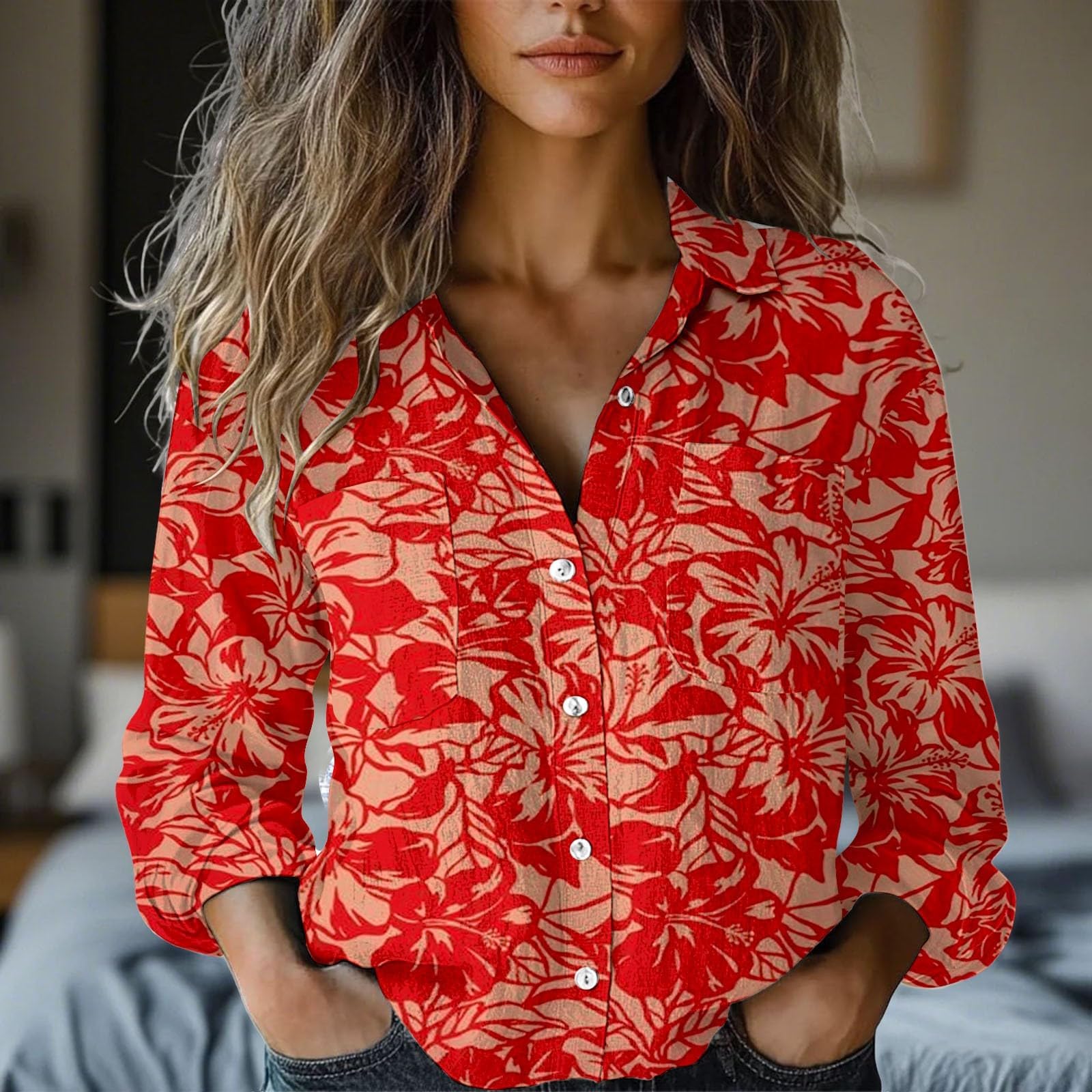 Damen-Leinenhemden mit Knopfleiste, Sommer, lässig, lange Ärmel, Musselin, Baumwolle, trendige Blusen, Grafik, leicht, Leinen, Baumwolle, Tunika, Boyfriend-Kragen, Strand, Gaze