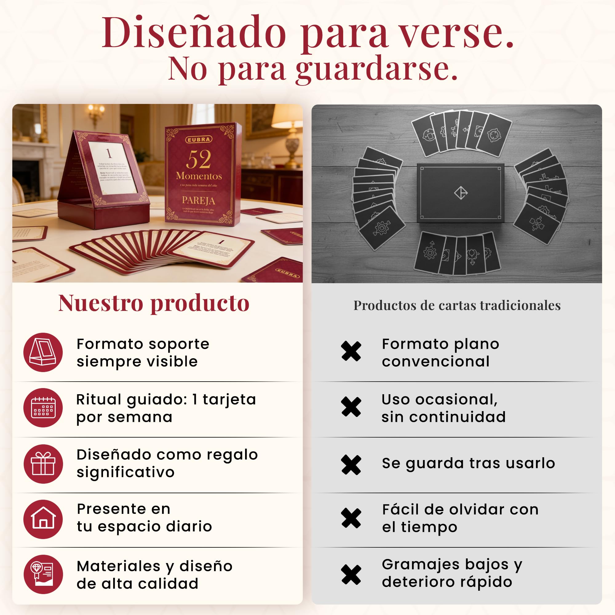 EUBRA 52 Momentos Pareja • Ritual Semanal 52 Tarjetas con Reflexiones y Retos • Caja Atril Decorativa • Regalo Original Aniversario Boda Matrimonio San Valentín Novios Hombre Mujer Amor Conexión — view 5