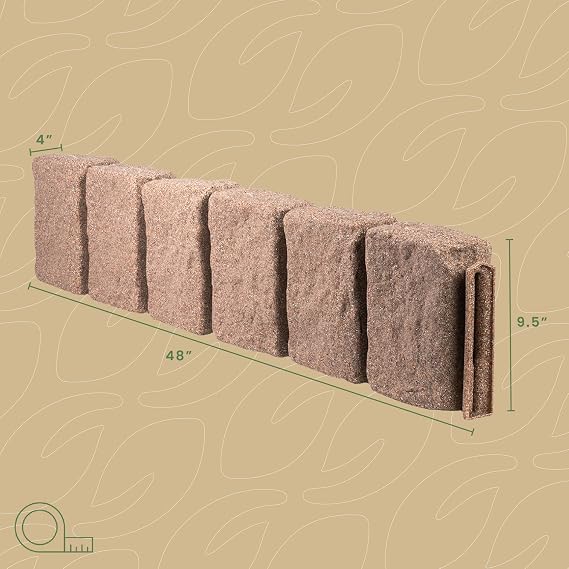 Beuta Landscape Edging | Garden Edging Border | Faux Stone Block XL for Lawn Edging, Flower Beds & Yard Edging 4 Pack | Each Section Has 6 Blocks 48 L x 4 W x 9.5 H | 12 Spikes | Cobblestone