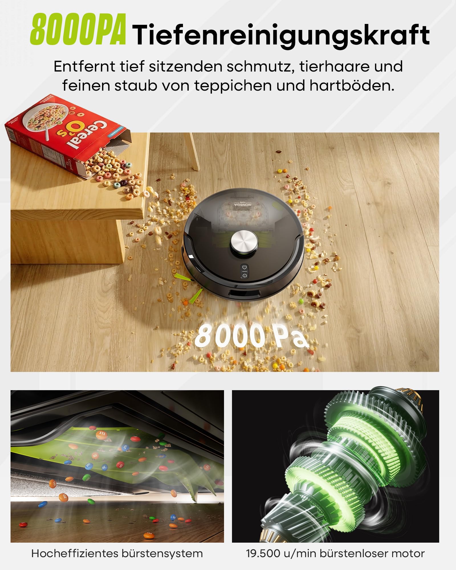 MONSGA Saugroboter mit Wischfunktion 8000PA, Staubsauger Roboter mit Absaugstation 4L, LiDAR Navigation,Dual Anti-Tangle System,4-in-1 Saug und Wischroboter ideal für Teppich Tierhaare, APP Steuerung