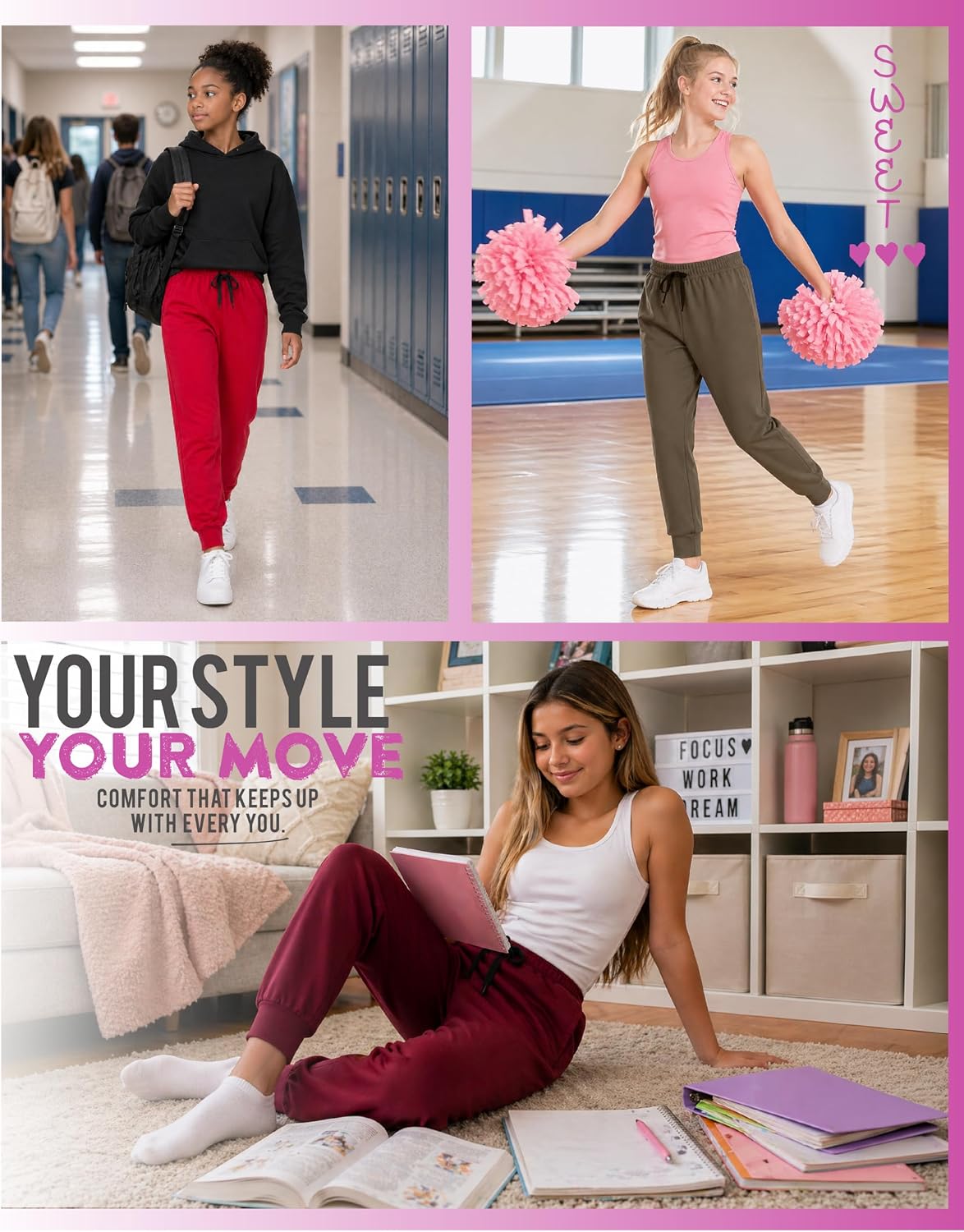 Sweet Hearts Girls Sweatpants - 2 Pack Soft Fleece Athletic Performance Jogger Girls Pants: Made in USA (Sizes 5-18)