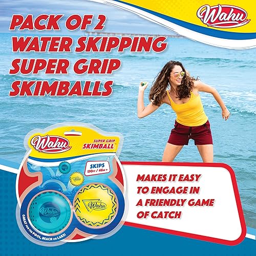 Miniatura 4 de Wahu Super Grip - Juego de 2 pelotas de skimball 100 % impermeables, para piscina y playa, salta más de 150 pies en el agua, azul/amarillo