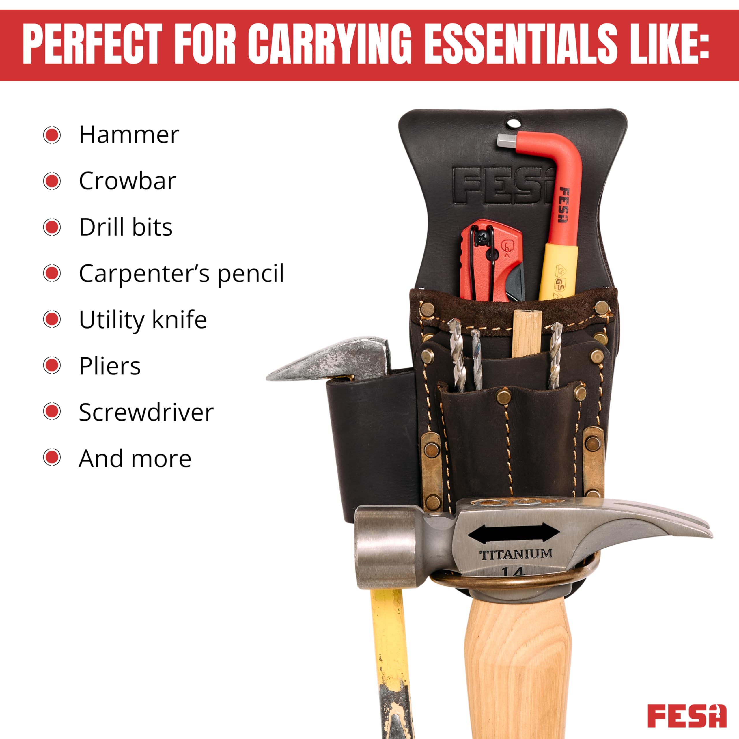FESA Cintura portautensili per martello, multitool, pinze e martelli, con tasche per punte da trapano o pennarelli, custodia resistente per piccoli attrezzi per falegnami, clip su qualsiasi cintura