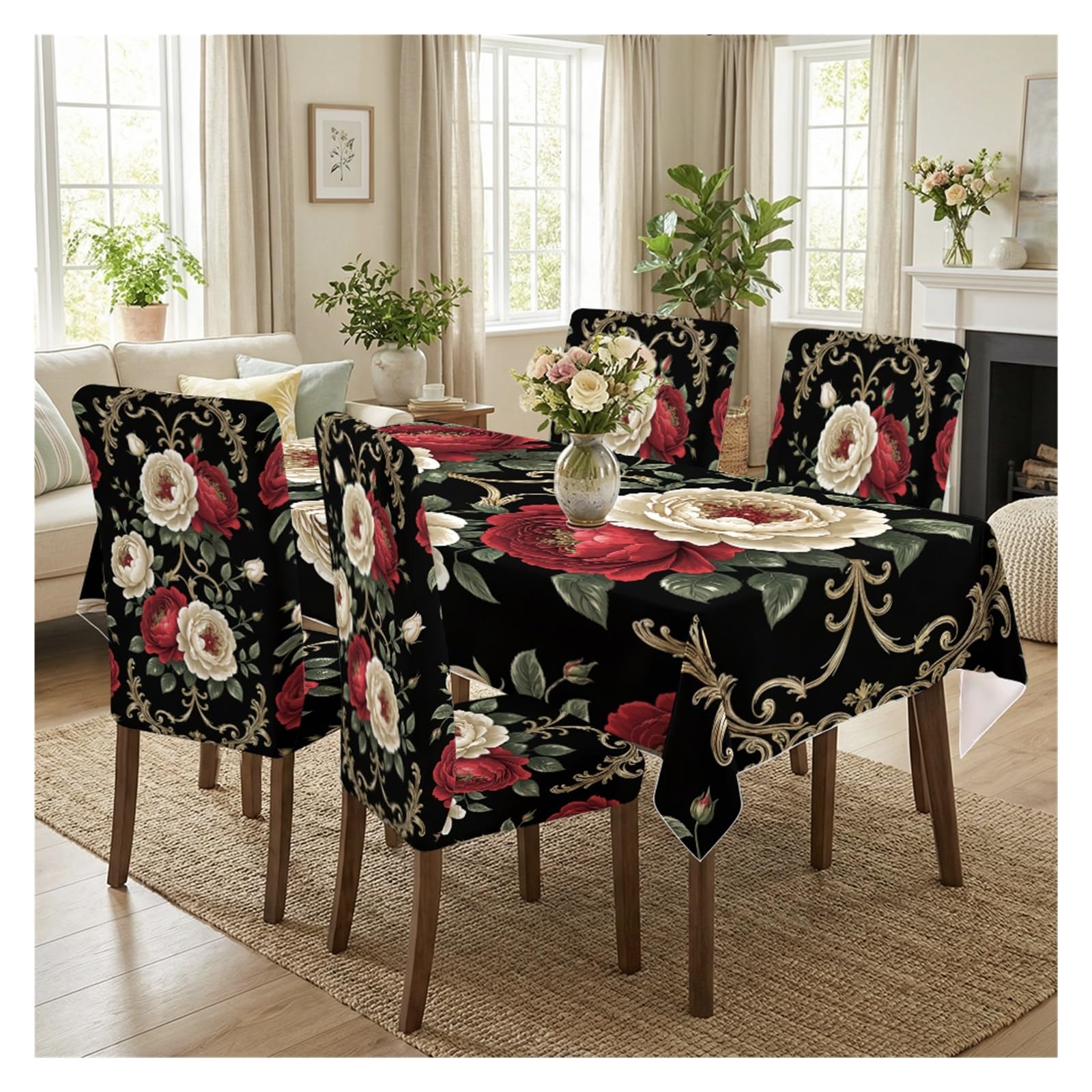 KXUAUV Vintage Rose Print Stretch Chair Covers & Tablecloth Set, For Dining Room Kitchen Formal Dinner Holiday Banquet Decor, 5/7 Pack Party Decor(5pcs Set: Tablecloth+Chair Covers)