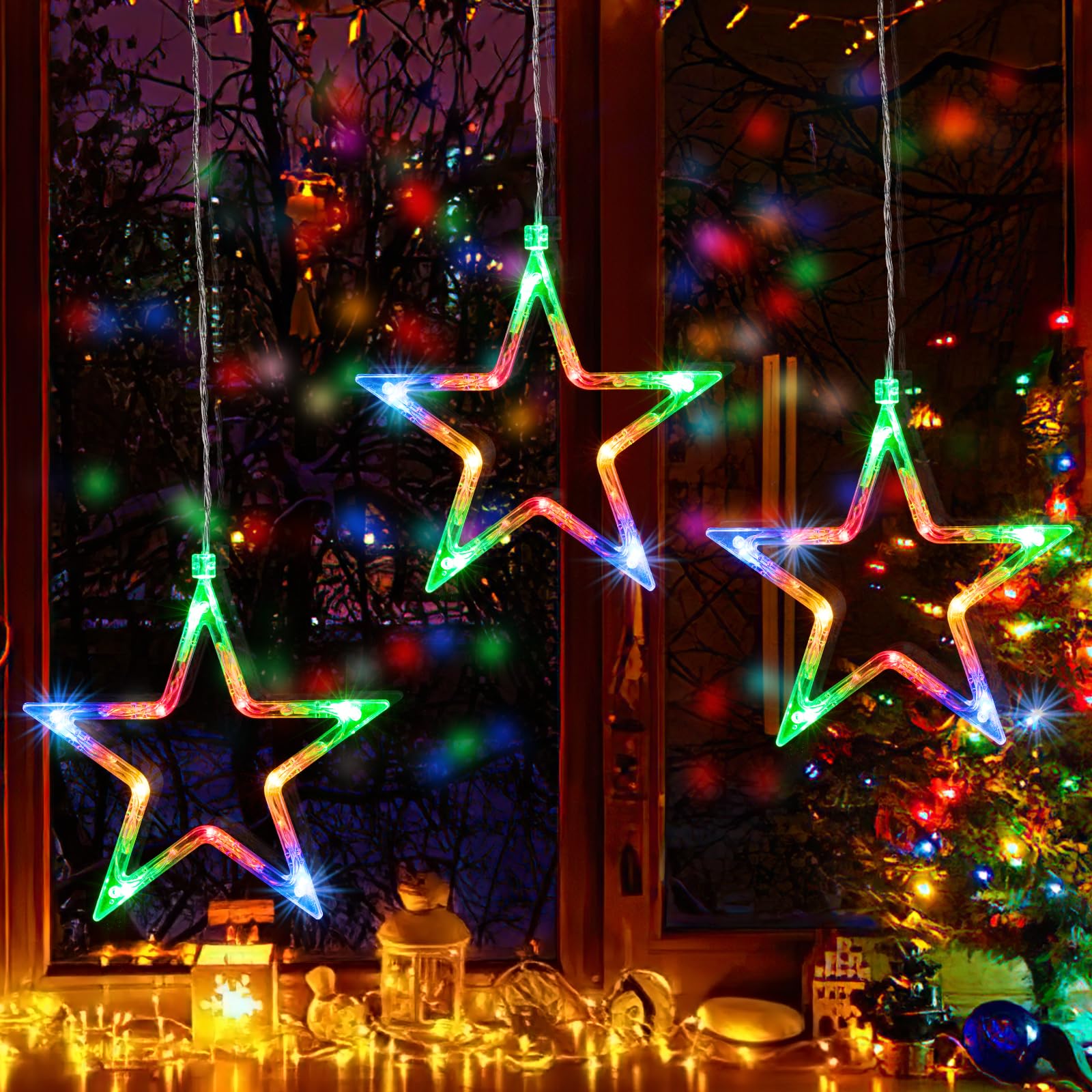 Ulinek Christmas Window Lights Indoor, 3 Stars Multicolour Lights 30 LEDs