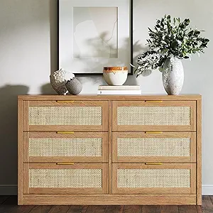 6 Drawer Dresser for Bedroom, 52.7" Wide Rattan Dresser, Wooden with Gold Handles, Farmhouse Tv Stand Entryway Table, Modern Chest of Drawers for Living Room, Entryway