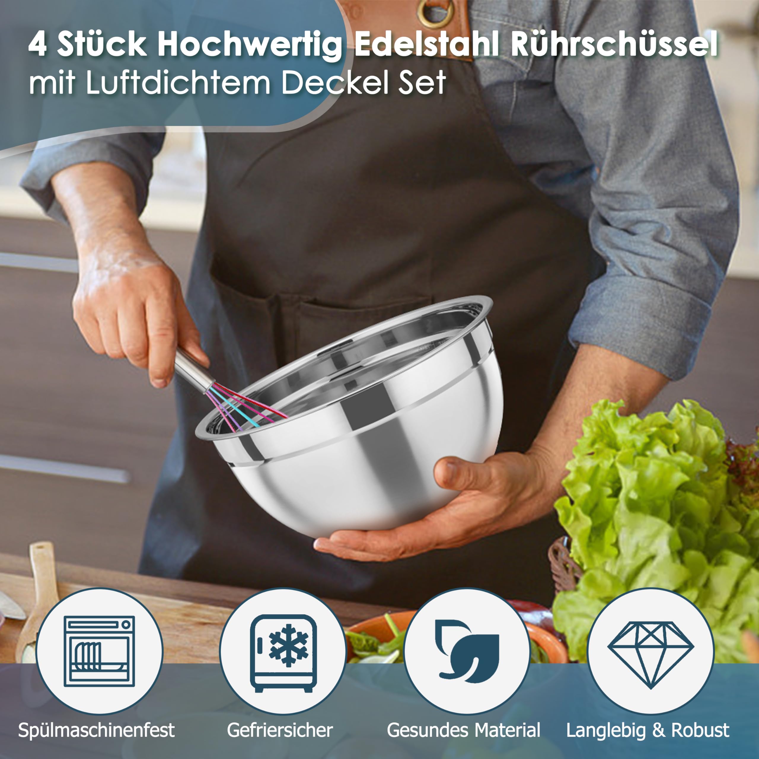TeamFar Edelstahl-Rührschüsseln Set – 6-teilig (0,7–4,6 QT), Mit Deckeln, Stapelbar