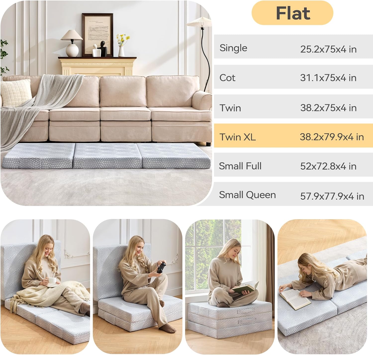 BDEUS Memory Foam Folding Topper 3.8 Inch Twin XL Size with Protable Storage Bag, Trifold Topper Soft Guest Bed Floor Mat for Kids Camping Road Trip, Gray, 38 x 80 Inch