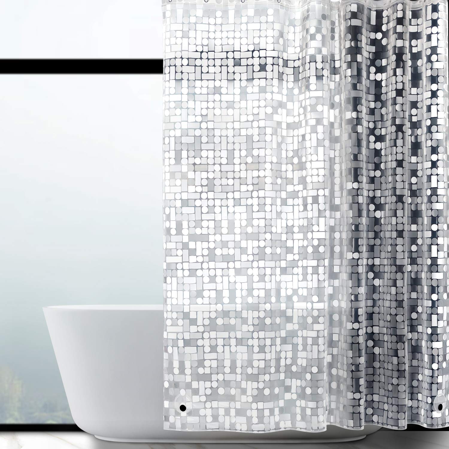 WELTRXE Cortina de ducha antimoho con peso magnético inferior, transparente, geométrica, EVA, impermeable, antibacteriana, cortina para ducha y bañera, 0,15 mm [183 x 183 cm], con 12 anillos de