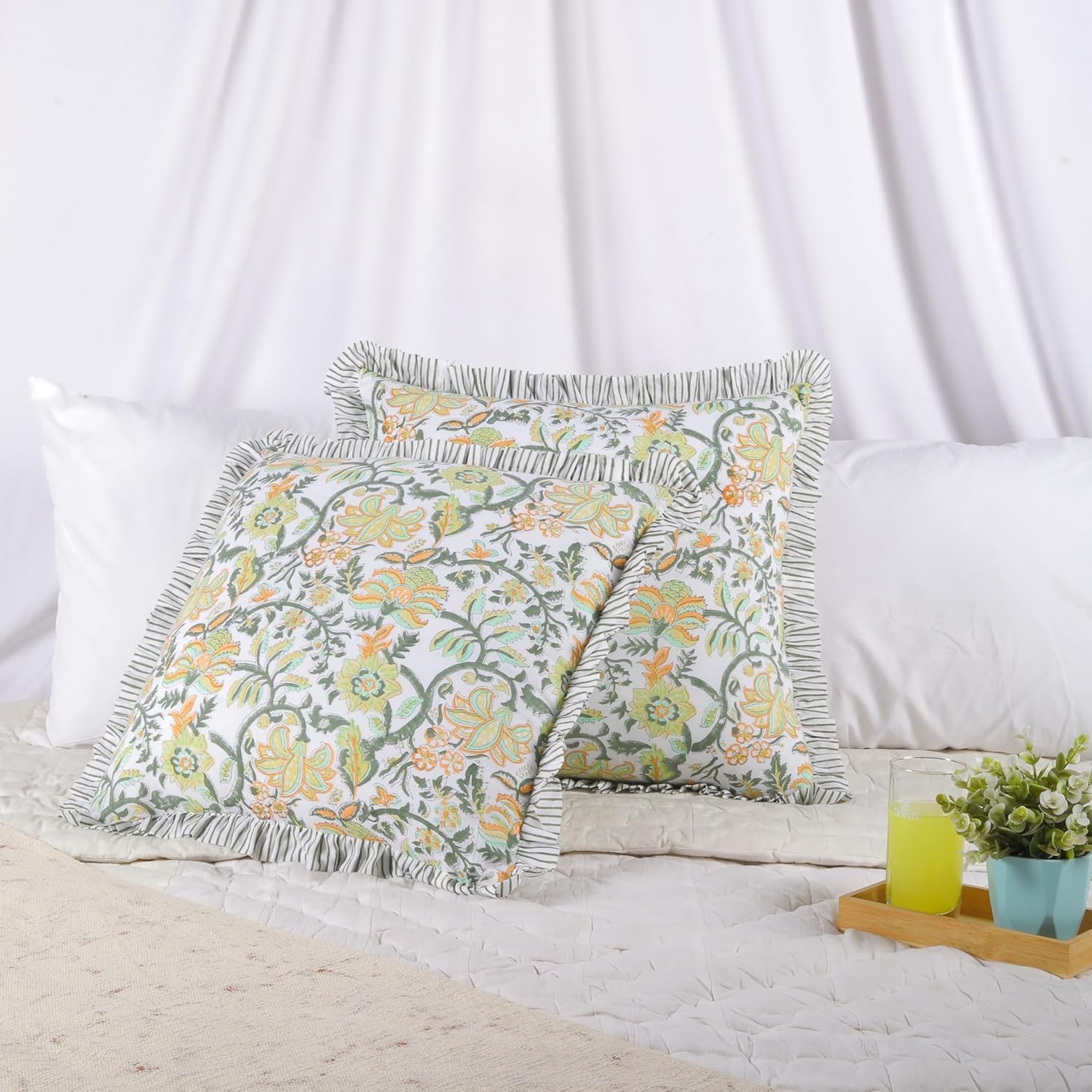 Trade Star Ruffle Cushion Cover Handmade Reversible Farmhouse PiIlow Cover Set of 2 Throw Pillow Cover Modern Soft Cotton Hand Block Print Premium Quality Decorative 20x20 Case