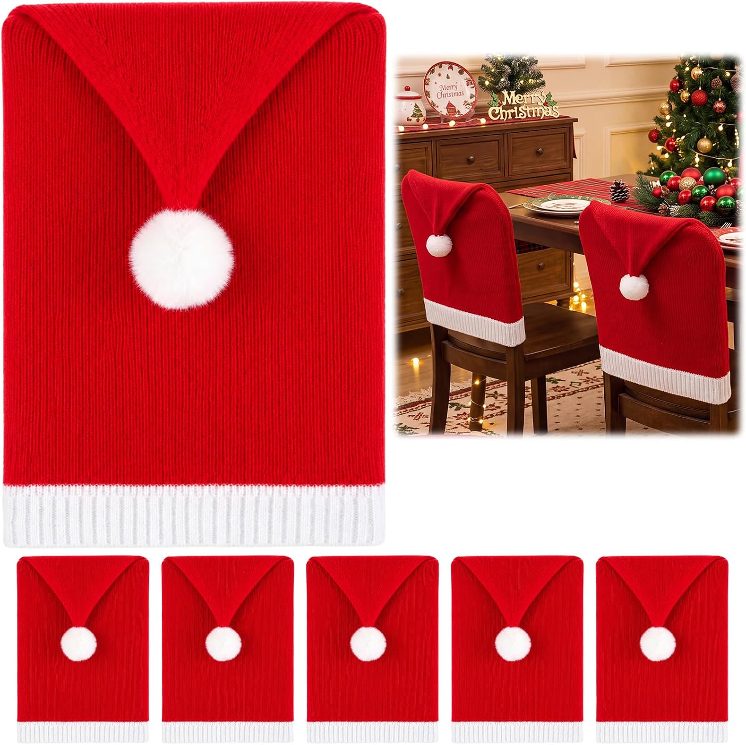 6 Pcs Knitted Christmas Chair Back Covers Santa Hat 24'' x 20"