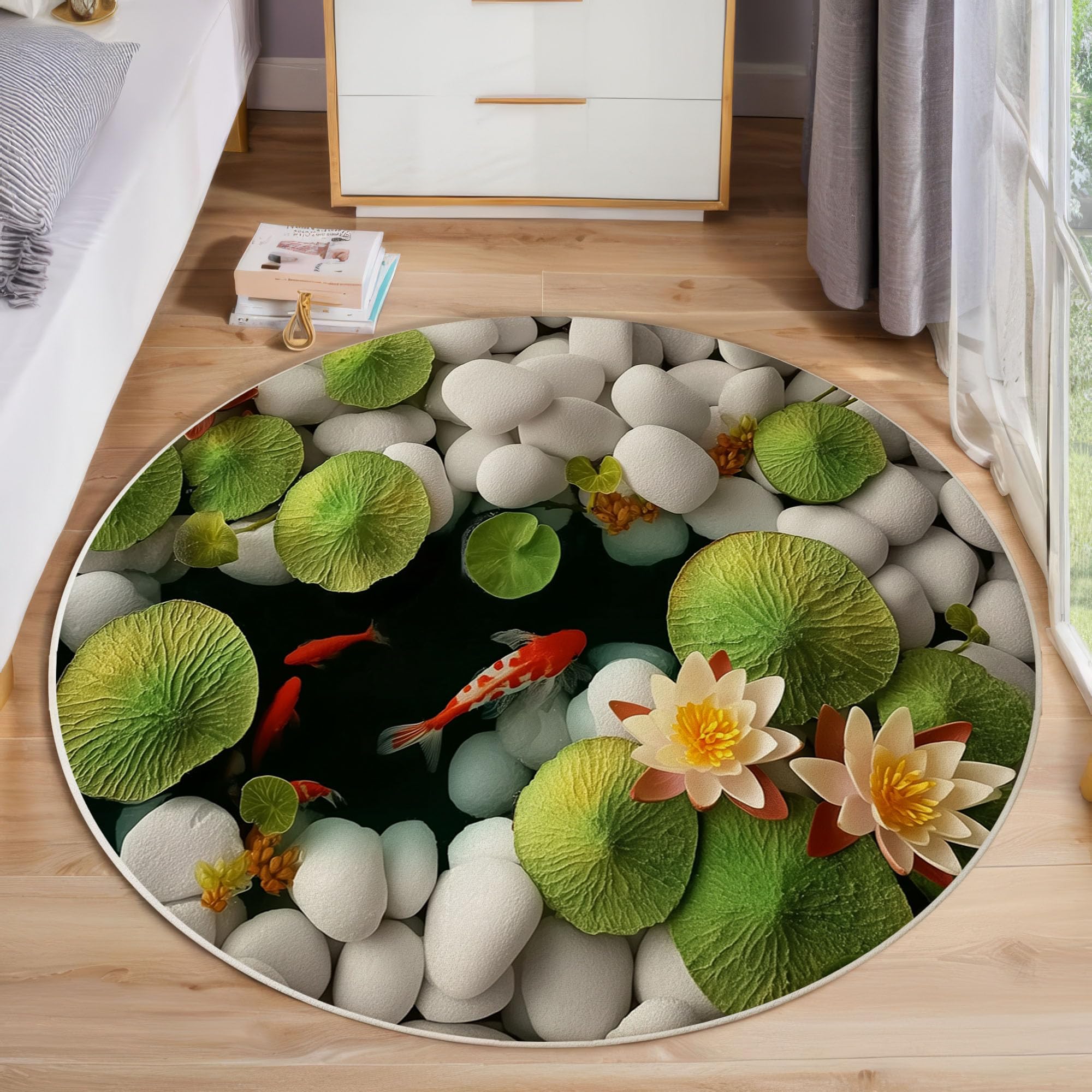 Kieselpool Teppich Rund 120cm Grüne Lotusblätter rutschfest Weich Teppiche Kurzflor Runder Teppiche Waschbar pflegeleicht für Wohnzimmer Schlafzimmer Studie Heimbüro, Smaragd
