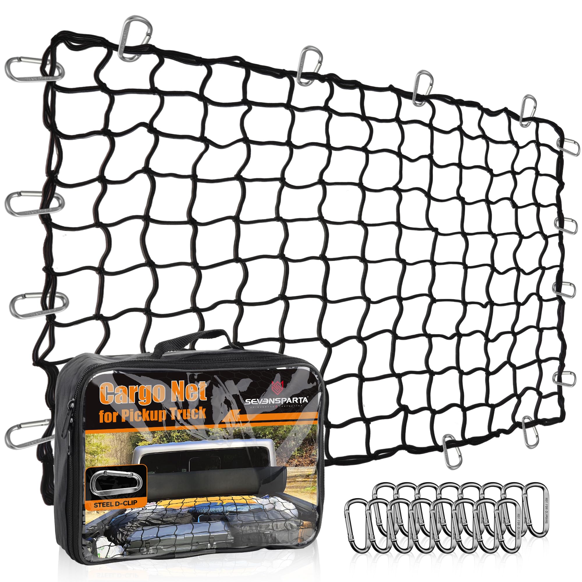 Seven Sparta 5’ x 7’ Bungee Cargo Net Stretches to 10' x 14' for Truck Bed, Pickup Bed, Trailer, Trunk, SUV with 16 Bonus D Clip Carabiners Car Organizer Net for Large Loads (Black, 5'x7')
