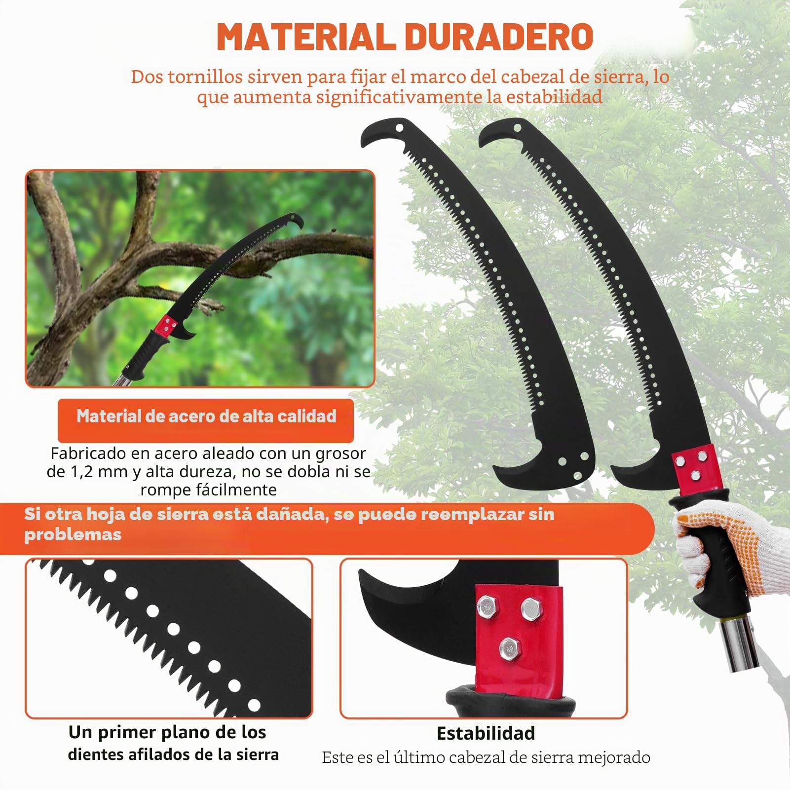 Sierra de poste manual, podadora de árboles extensible de 7 a 27 pies, hoja de acero afilada y tijeras, podadora de ramas altas, recortadora de ramas con 8 asas ligeras de fibra de vidrio, para podar