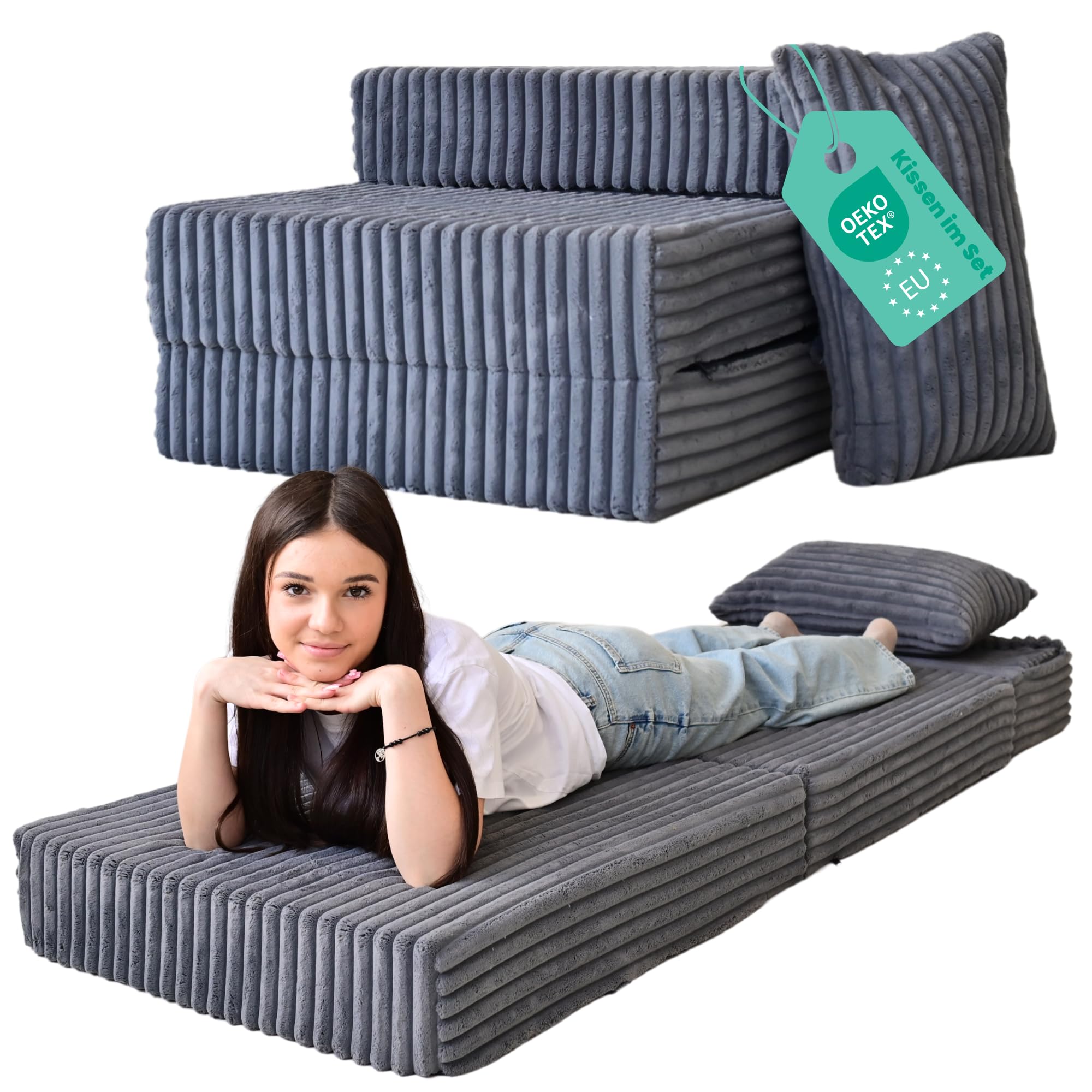 Odolplusz Składany materac premium 70 x 205 x 15 cm, 3-częściowy z wyjmowanym pokrowcem, bardzo gruba pianka 15 cm, dla gości i w podróż (grafitowy)