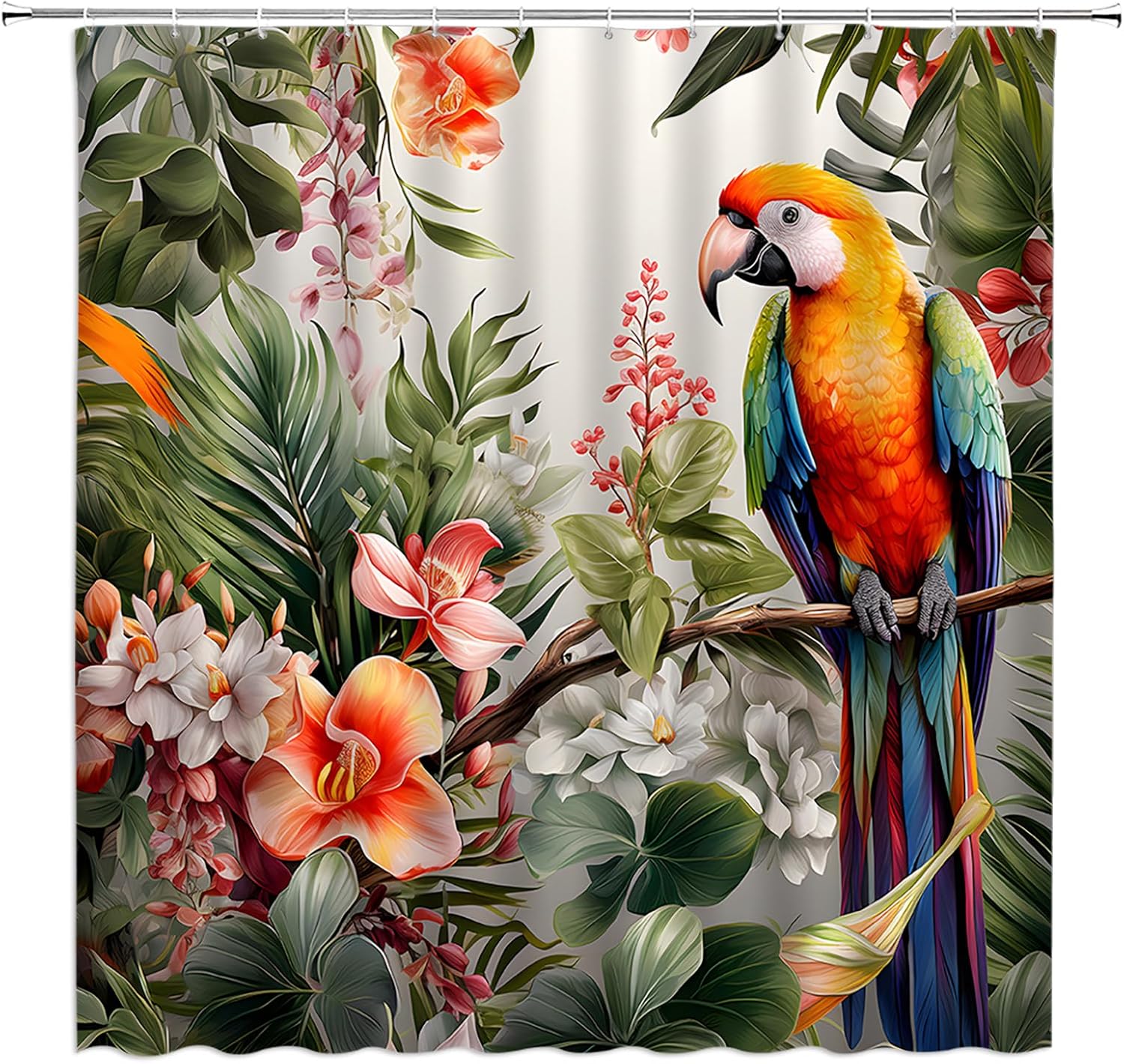 Parrot Shower Curtain Flower Tropical Plant Leaves Botanical Bird Summer Fabric Bathroom Decor Set with Hooks(70" Wx84 H)