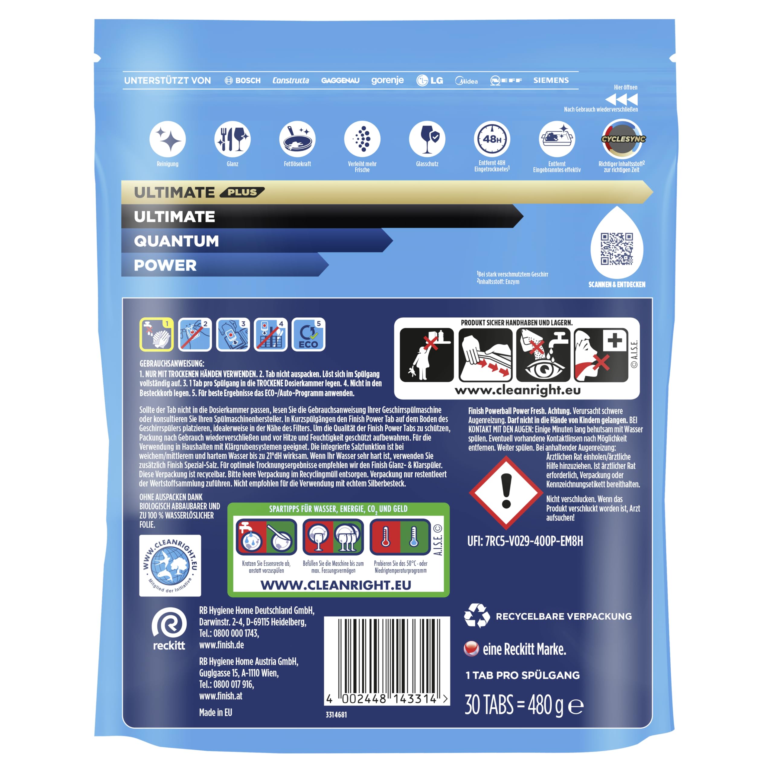 Finish Power All in 1 pastiglie per lavastoviglie, senza fosfati, pastiglie per lavastoviglie con potente Powerball contro lo sporco più ostinato – Gigapack con 180 pastiglie Finish