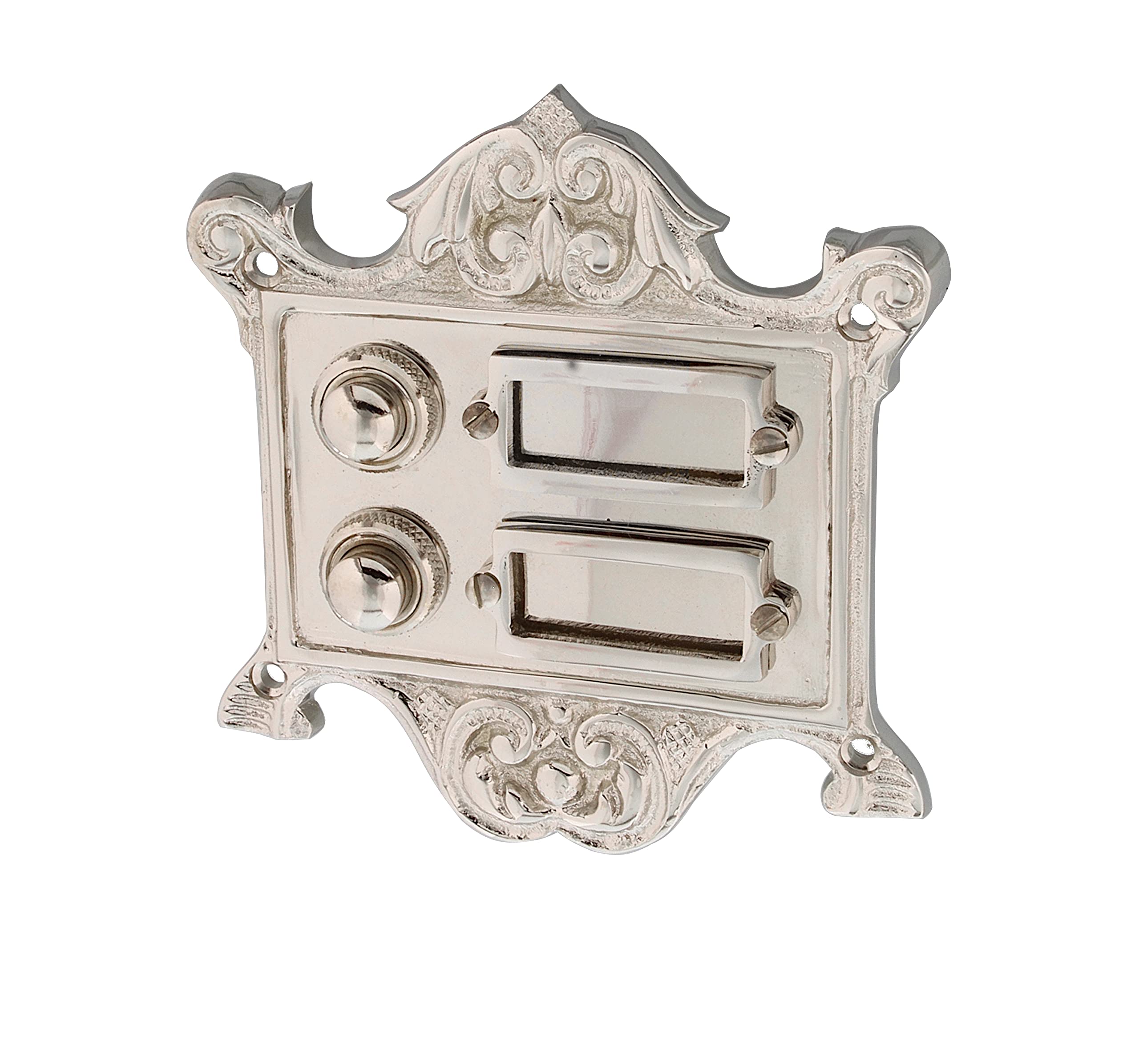 Ventano Sonnette de porte antique avec 2 boutons de sonnette en laiton nickelé brillant - Style Art nouveau - Fabriquée à la main