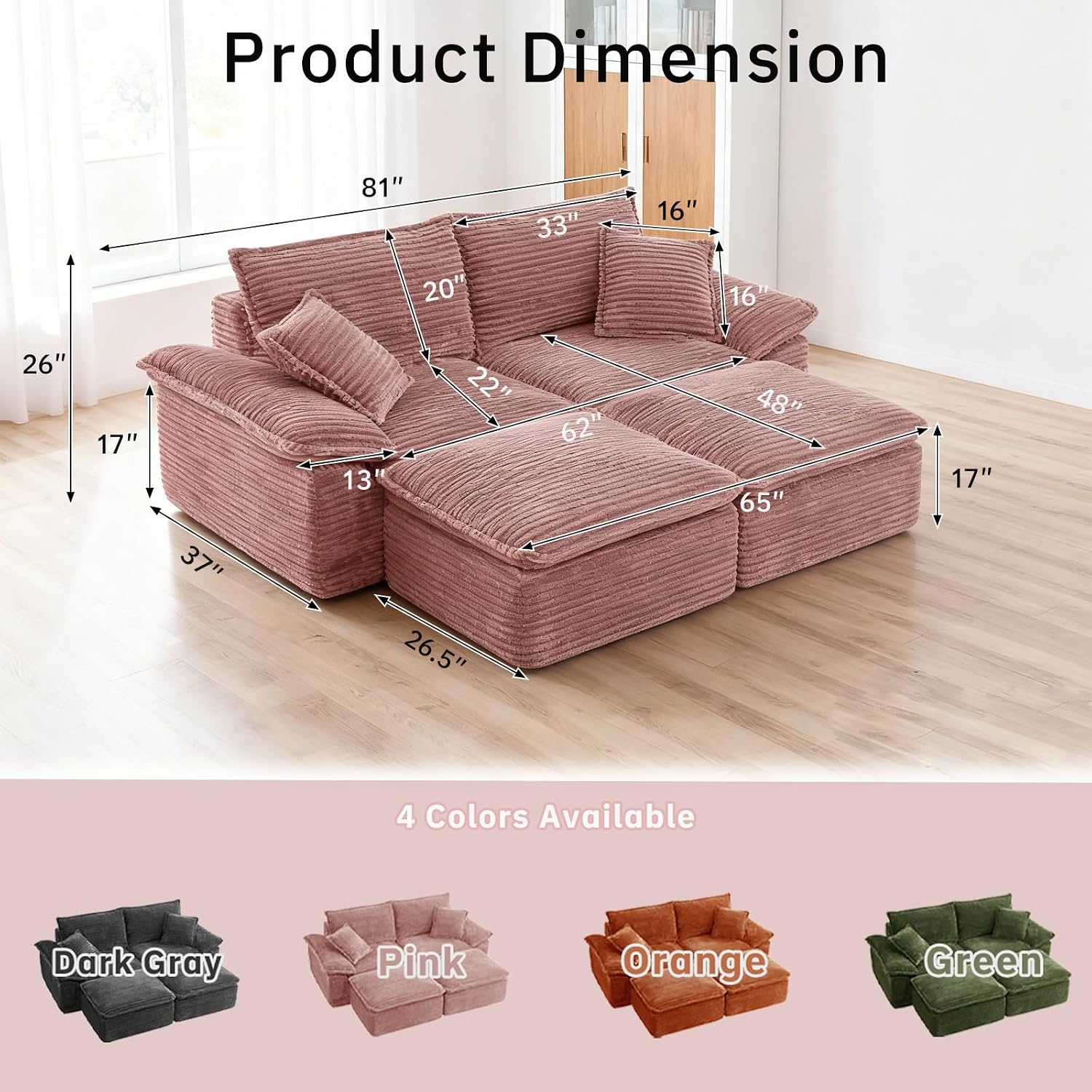 81'' Chaise Lounge Chair Indoor, Oversized Corduroy Upholstered Boneless Sofa Couch, Cloud-Like Loveseat Sofa Bed with 2 Ottomans for Living Room/Bedroom/Lounge(Pink)