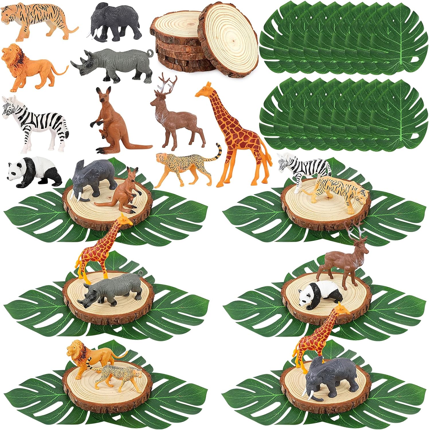 Safari Animals Table Centerpieces - 6 Set of Jungle Animals Decorations Includes 12 Safari Zoo Animal Figures 6 Wood Slices 18 Tropical Palm Leaves for Baby Shower Birthday (Gold Animals)