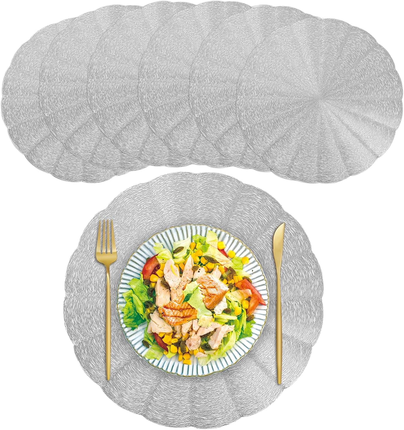 Placemats Set of 6, Round Gold Vinyl Placemats 15''EasytoClean NonSlip Heat