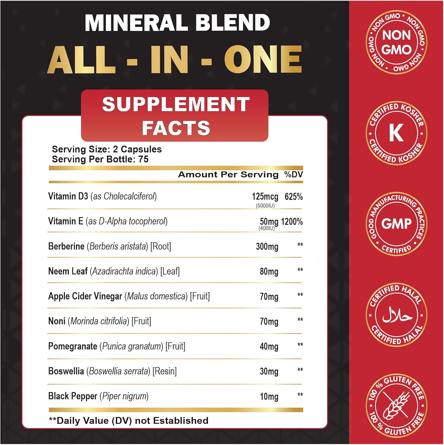 Organic Cadane Berberine Supplement 150 Capsules, with Neem Leaf, Apple Cider Vinegar, VIT D3, E & More - Berberine Extract - Support for Immune System, Digestion & Overall Health - Image 2