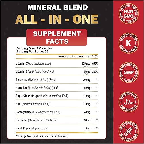 Miniatura 2 de Organic Cadane Suplemento de berberina 150 cápsulas, con hoja de neem, vinagre de sidra de manzana, VIT D3, E y más, extracto de berberina, apoyo
