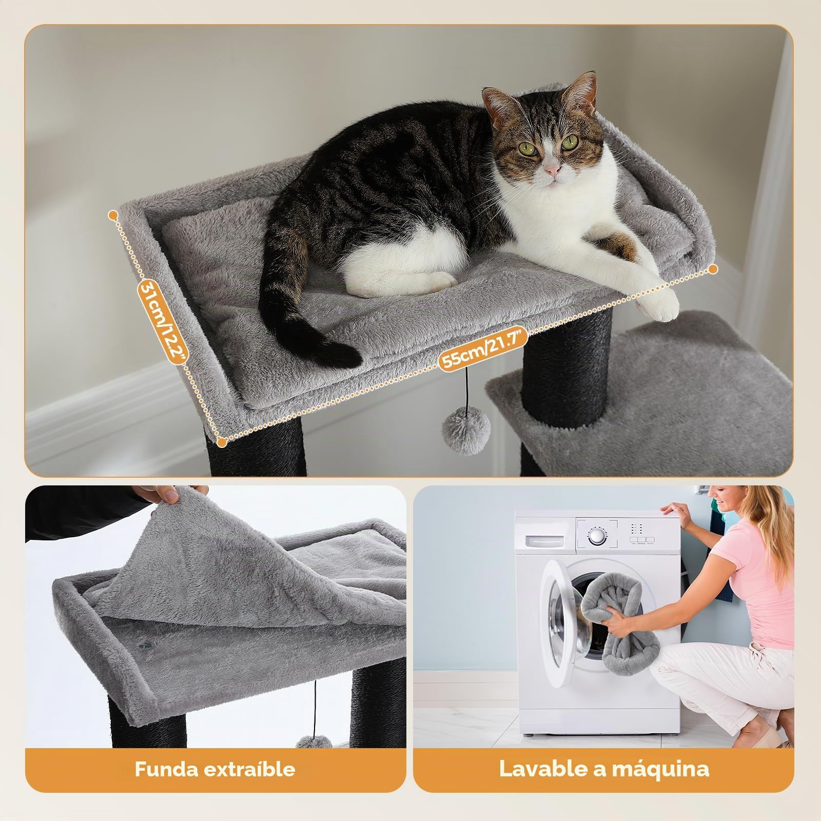 PAWZ Road Rascador para Gatos Grandes Estable con Varios Niveles, rascador Grande con Hamaca, 13 Postes de sisal (Dia 11 cm), Gran Barra de Asiento, rascador XXL 169