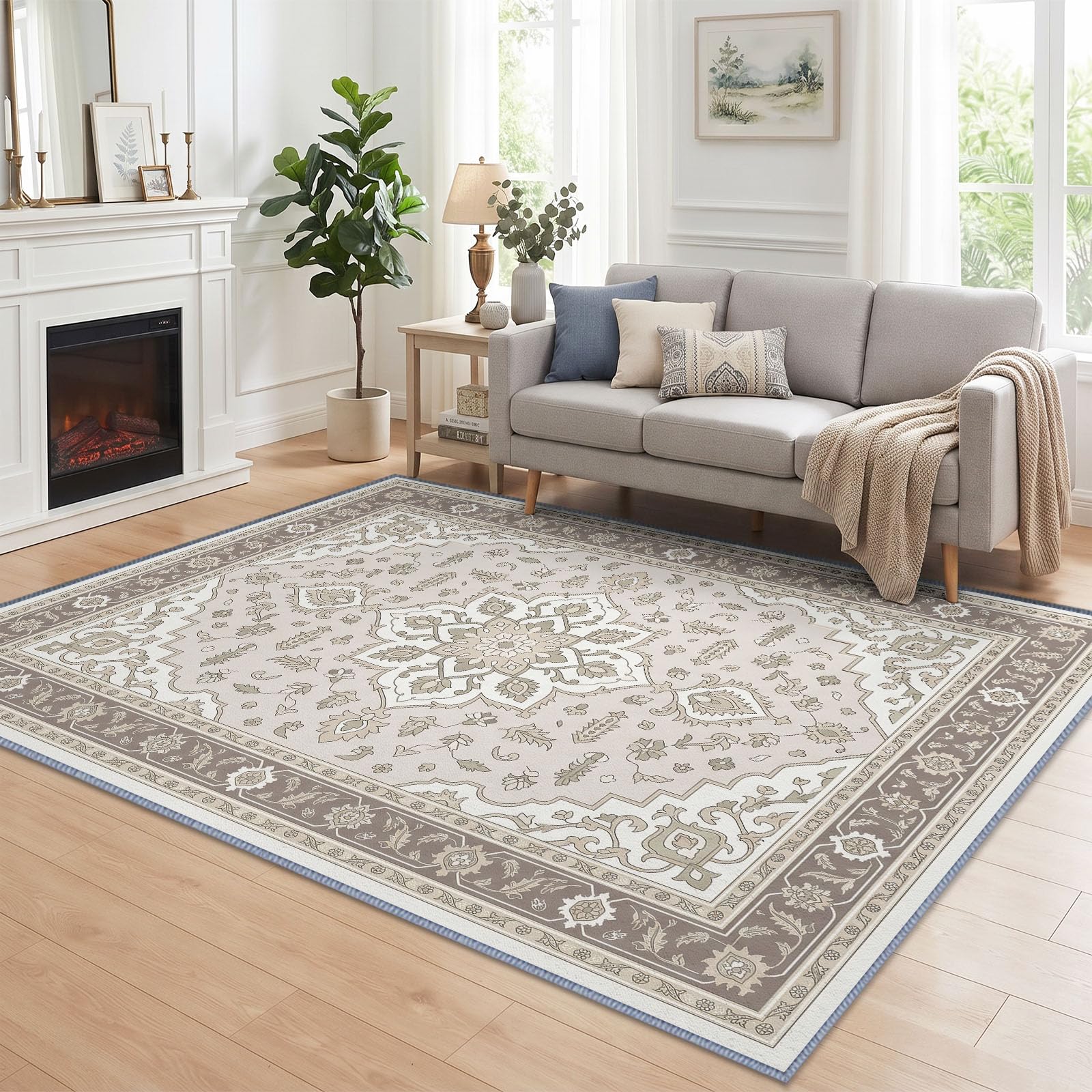 Générique Médaillon Floral Crème Tapis Poils Ras 120x170 cm