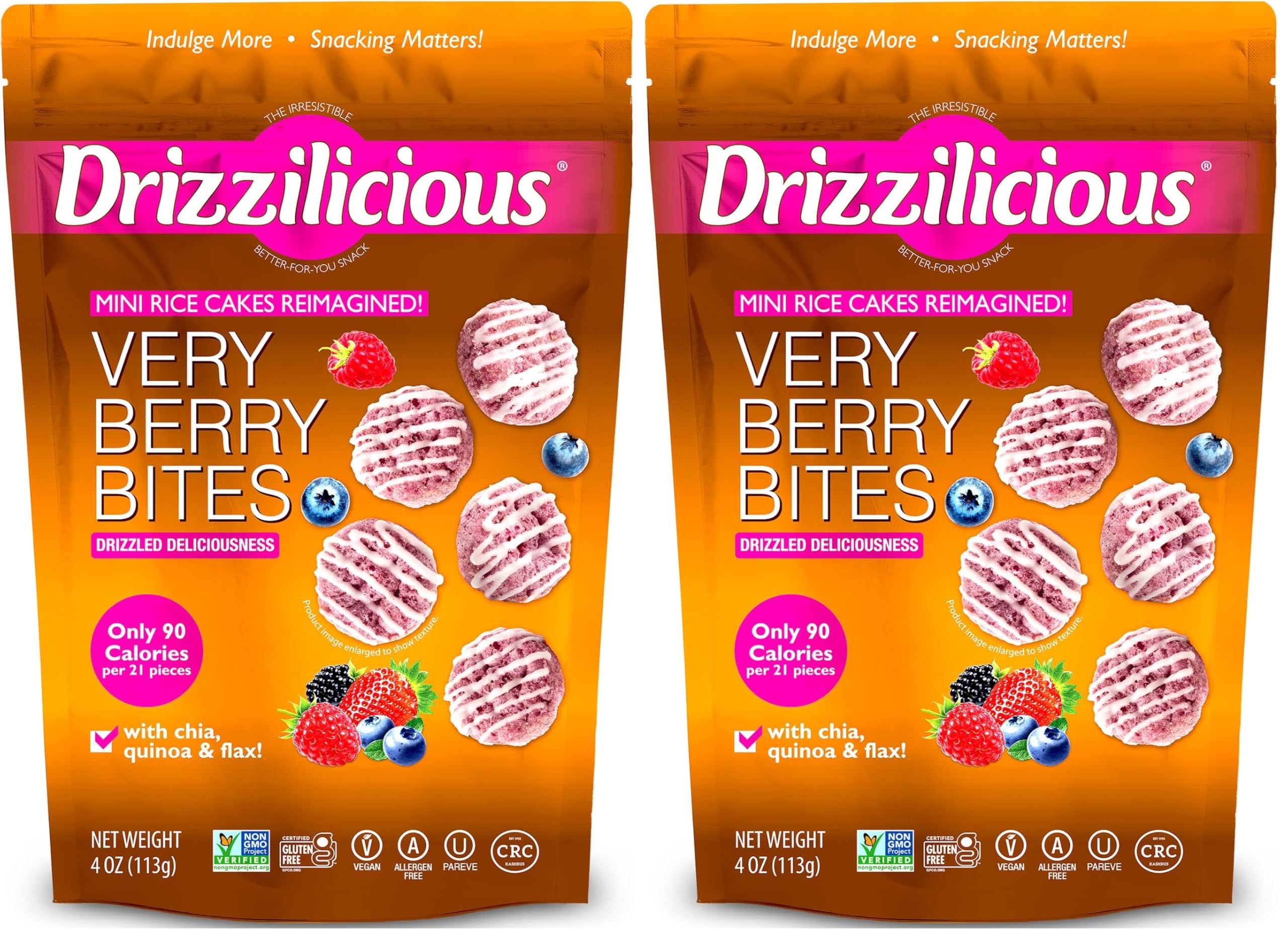 Drizzilicious Mini Rice Cakes Very Berry - Rice Crisps, Healthy Snack for Adults and Kids, Flavored Rice Cakes, Vegan, Gluten Free, Allergen Free, Only 90 Calories Per Serving - 4 oz (Pack of 2)