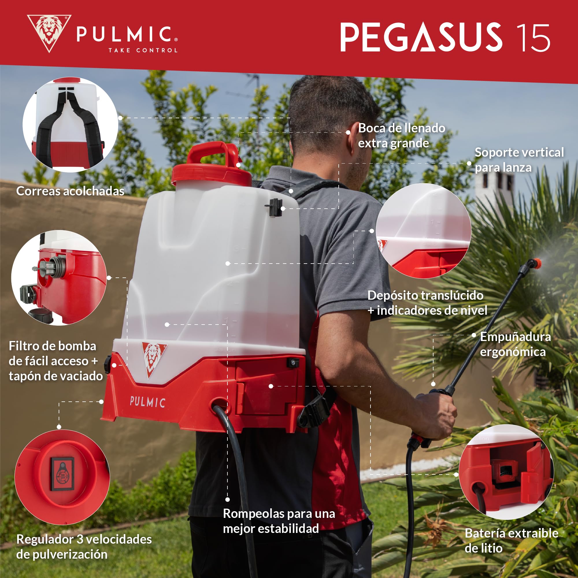 Pulverizador Eléctrico Pegasus 15L PULMIC, Sulfatadora eléctrica a Batería Litio 25V MAX Extraíble, hasta 15h Autonomía, 3 Velocidades, 3 Boquillas, Mochila Pulverizadora