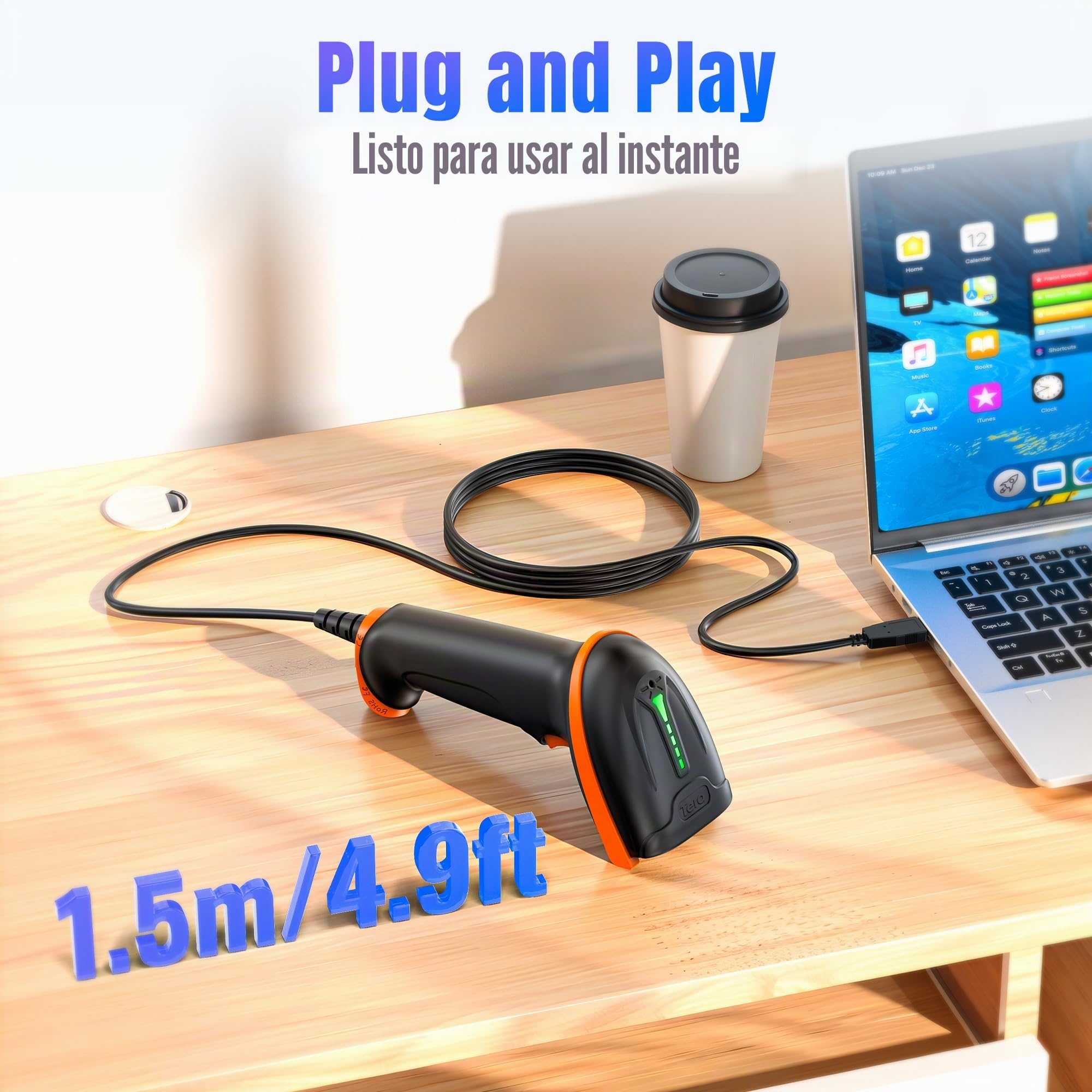 Tera Barcode Scanner 2D USB con Cable: Mango Ergonómico Plug&Play D5100Y | Protección IP54, CMOS rolling 640*480, lector 1D 2D QR, prefijo/sufijo, caja almacén escuela, PC móvil