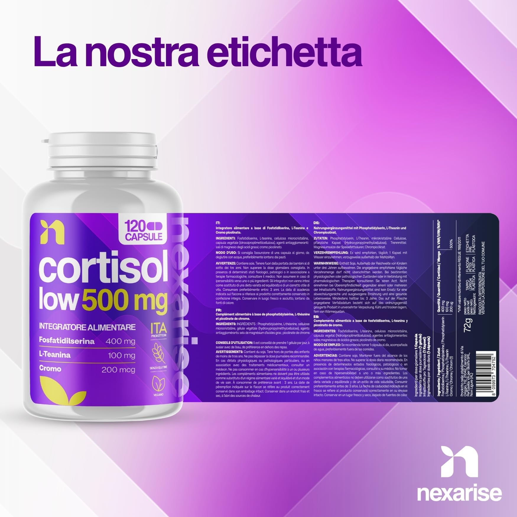 Cortisol Low 500mg | 120Cps con Fosfatidilserina 400 mg, L-Teanina e Cromo Picolinato | Supporto naturale per Abbassare il Cortisolo e Benessere Mentale | 4 Mesi di fornitura | Prodotto in Italia