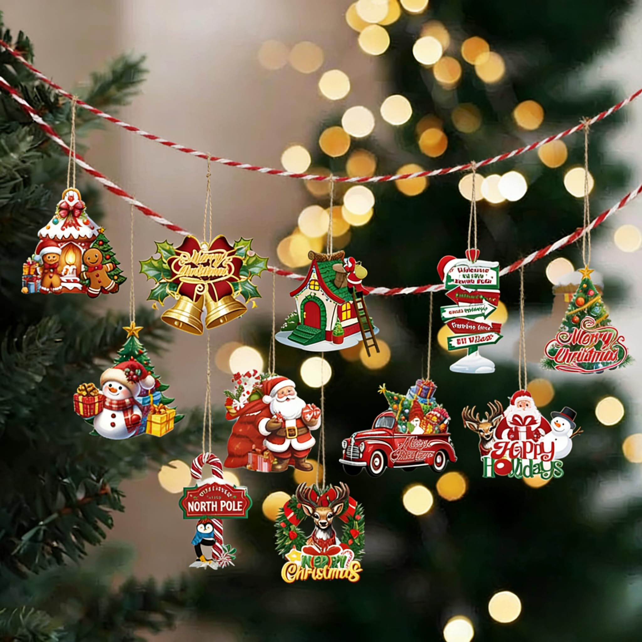 24 Decorazioni Natale In Legno Con Corda - Pendenti Albero Fai Da Te, Forme Di Renna E Campana, Addobbi Artistici