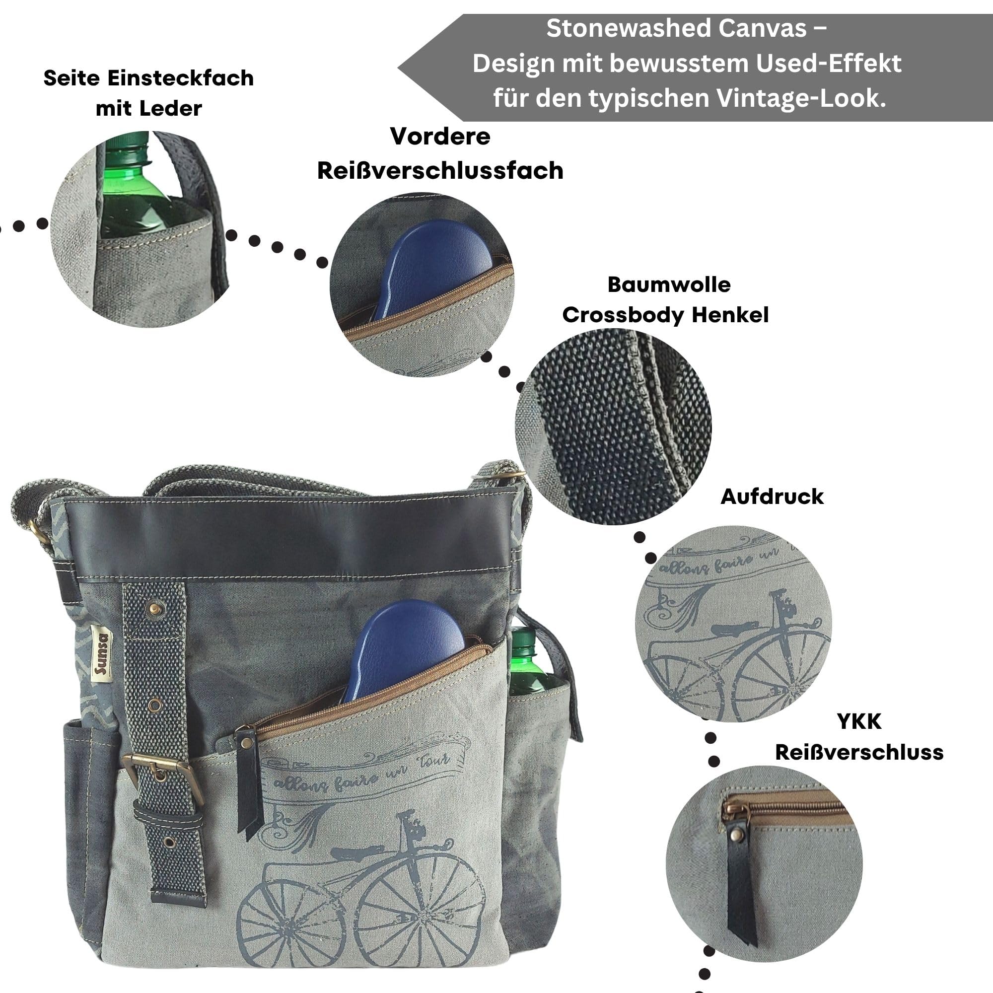 Sunsa Damen Umhängetasche.Fahrradmotiv Schultertasche, grau/schwarz Tasche | Canvas & Leder Handtasche, Vintage Damentasche mit viel Fächer & verstallbare Henkel. Große Crossover Damentasche