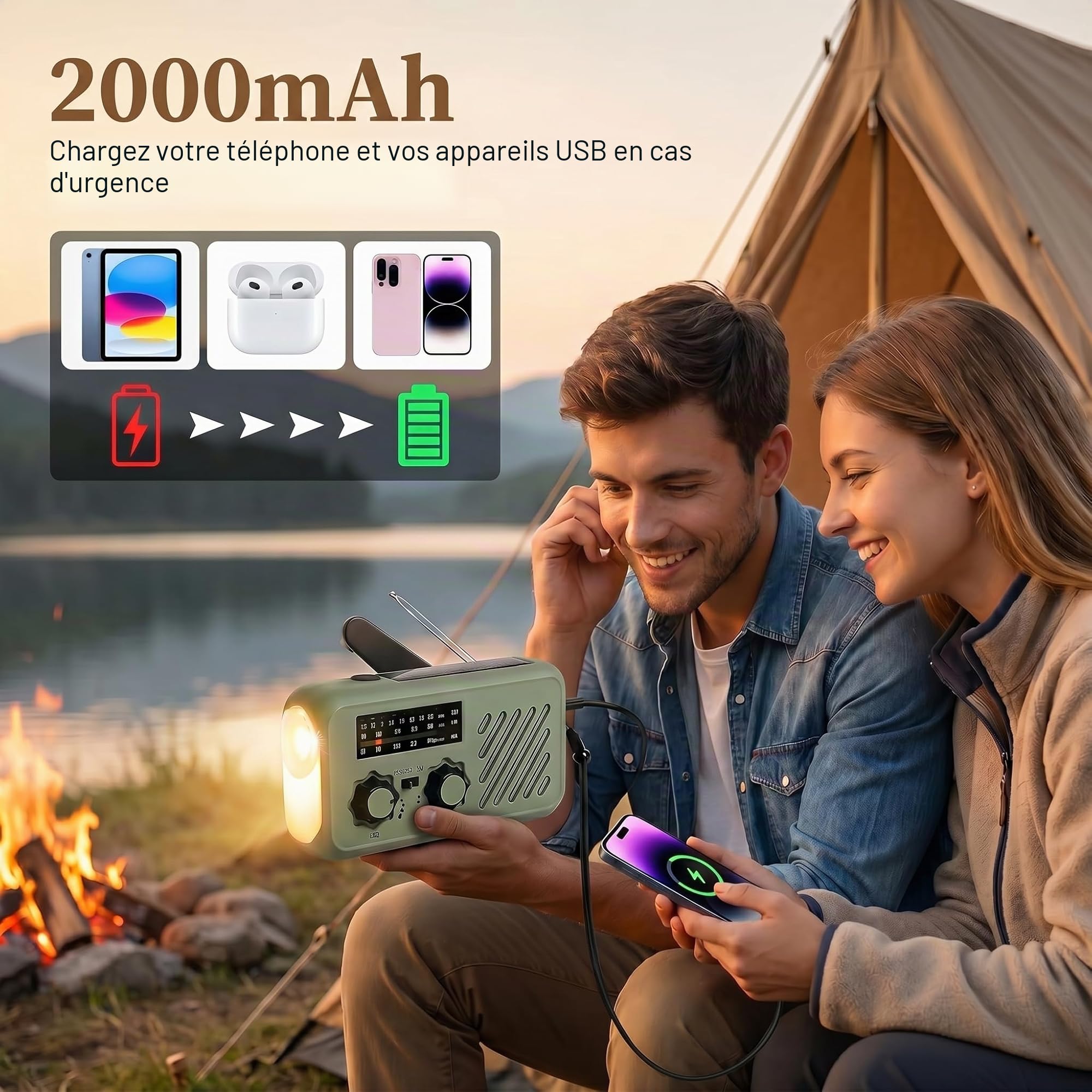 Radio Portable Urgence, Radio de Survie AM/FM Solaire & Dynamo, Powerbank 2000mAh, Lampe LED Torche + Lecture, Alarme SOS - 4 Modes de Charge, Idéale Camping, Panne de Courant, Voiture