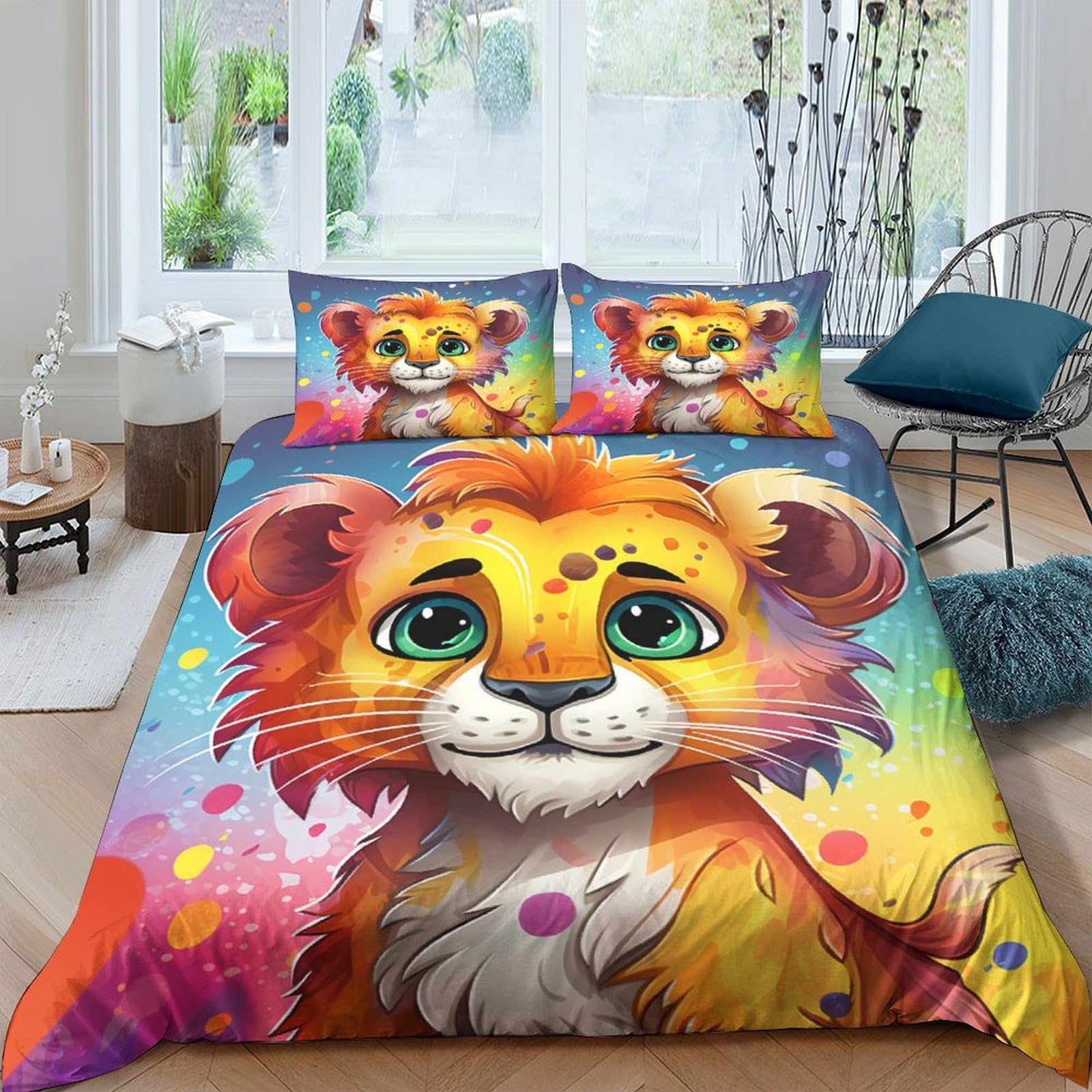 Housse de couette lion 3D microfibre 220x240cm avec taies d'oreiller pour lit King