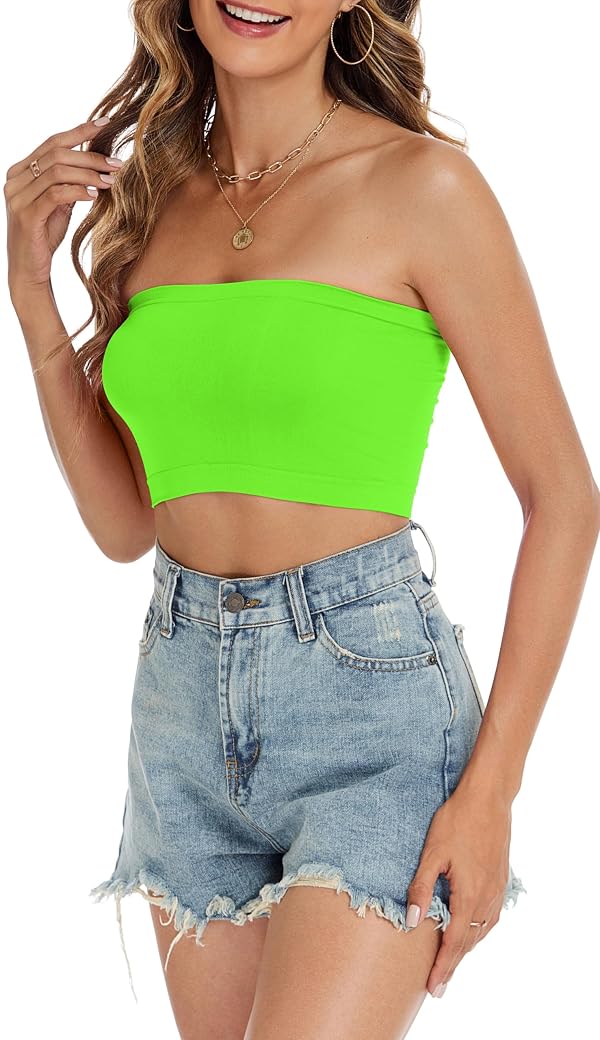 Tube Tops for Women Summer Crop Top Basic Casual Bandeau Going Out Strapless Short Shirt(Neon Green,L) by CHICGAL - Used condition - US$5.93