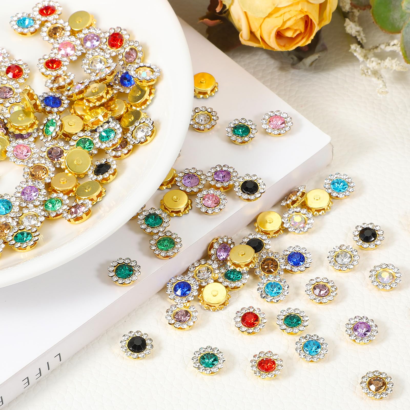 PATIKIL 100 Pcs Sew on Rhinestones Crystals 10mm 2 Layers Sewing Sunflower Flower Claw Rhinestones Crystals Glass Gems Metal Base for Wedding Dress Clothes Crafts Decoration Multicolor - Image 4