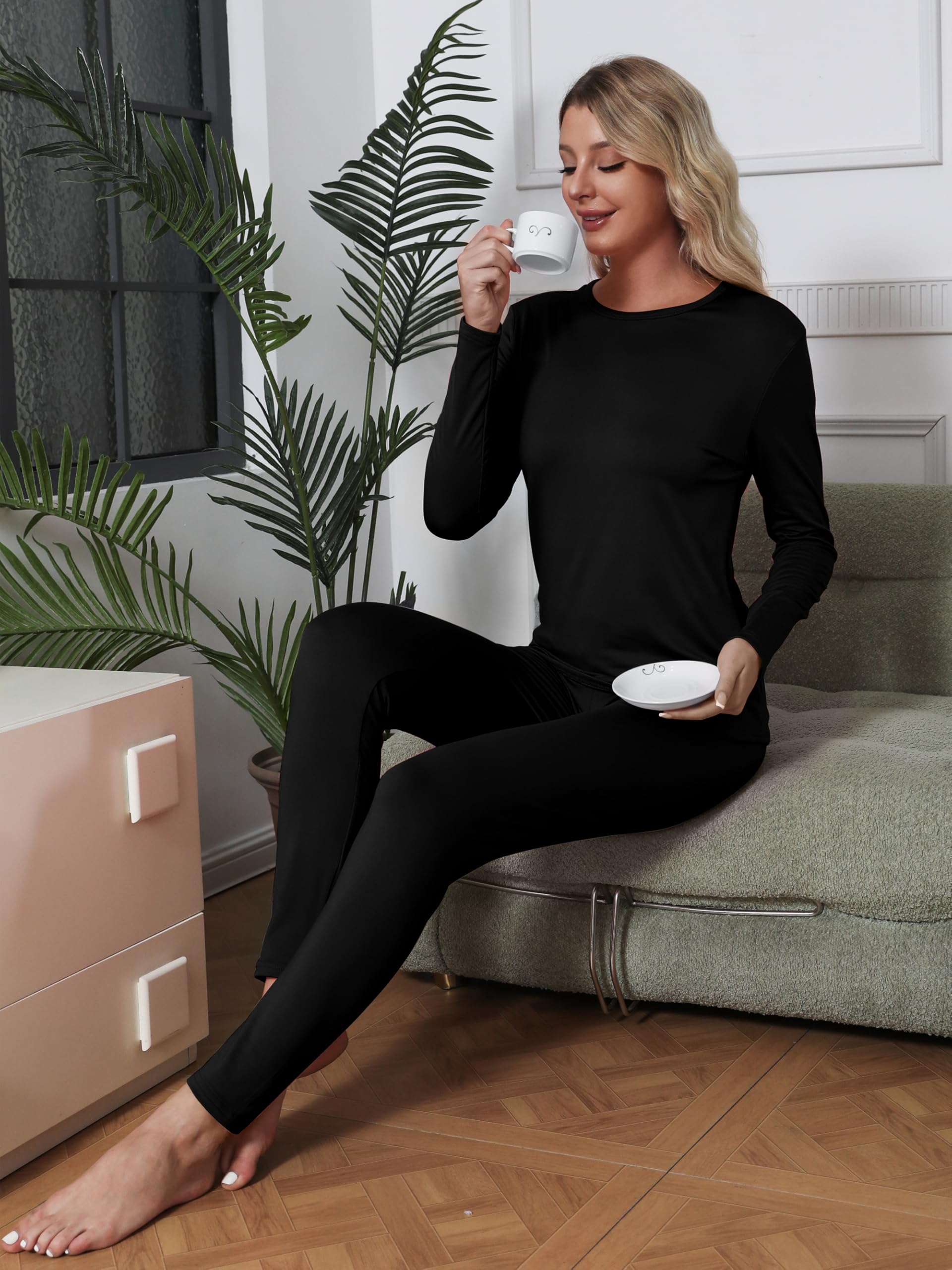 VZV 3 Set Thermal Underwear for Women, Base Layer Long Sleeve Thermals with Fleece Lined Thermals Top and Bottom Set