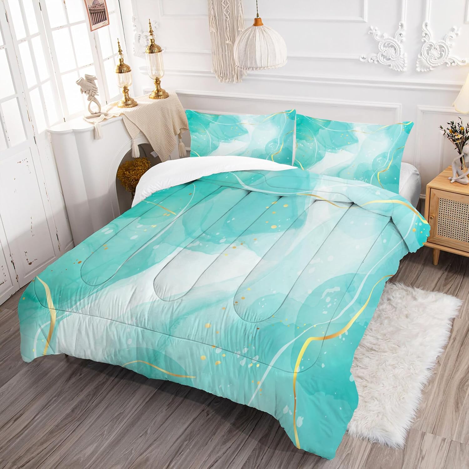 Teal Twin Bedding Set: Aqua Teal Marble Comforter Set for Teens Girls Women Abstract Cyan Blue Quilts Green and Gold Glitter Marbling Bed Sets 1 Comforter & 1 Pillow Case