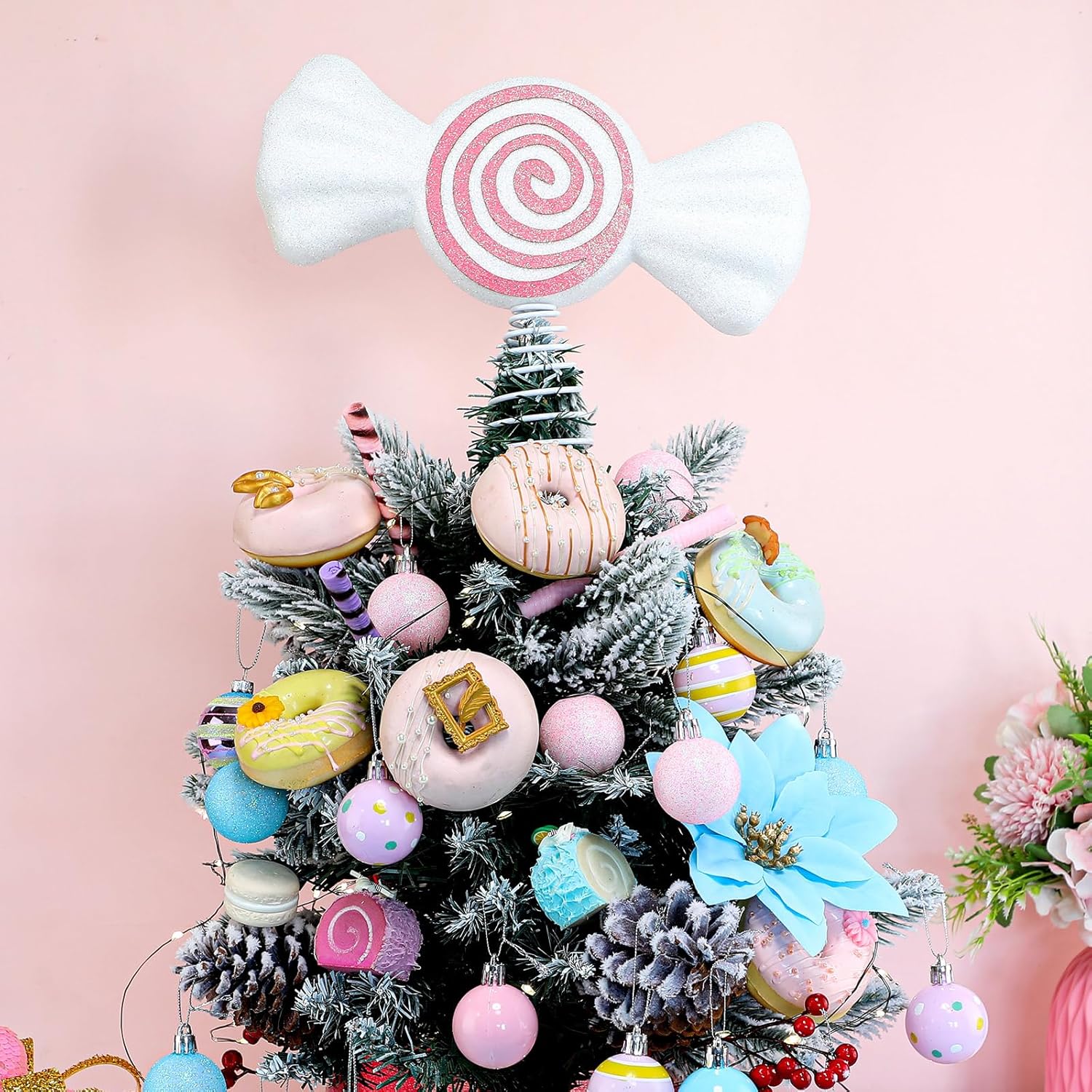 Retisee 9.8 in Large Christmas Pastel Candy Cane Tree Topper Pink Candy Swirl Treetop Pink Christmas Ornaments for Xmas New Year Birthday Party Tree Decorations