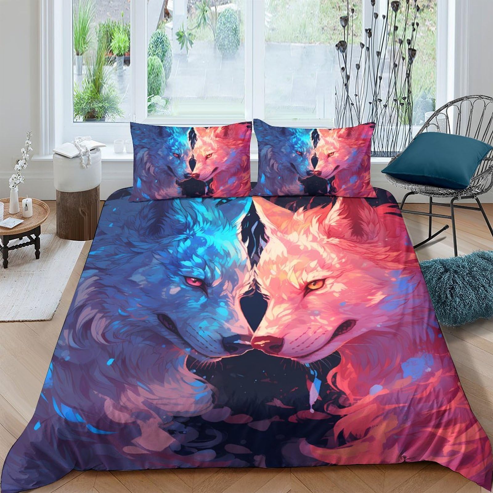 Ctjqhvkz Style-4 3D Printed Fantasy Wolf Fitted Sheet Microfiber Soft Breathable Fire Ice Galaxy Mattress Cover For Bedroom Dorm Decor Single（135X200cm）