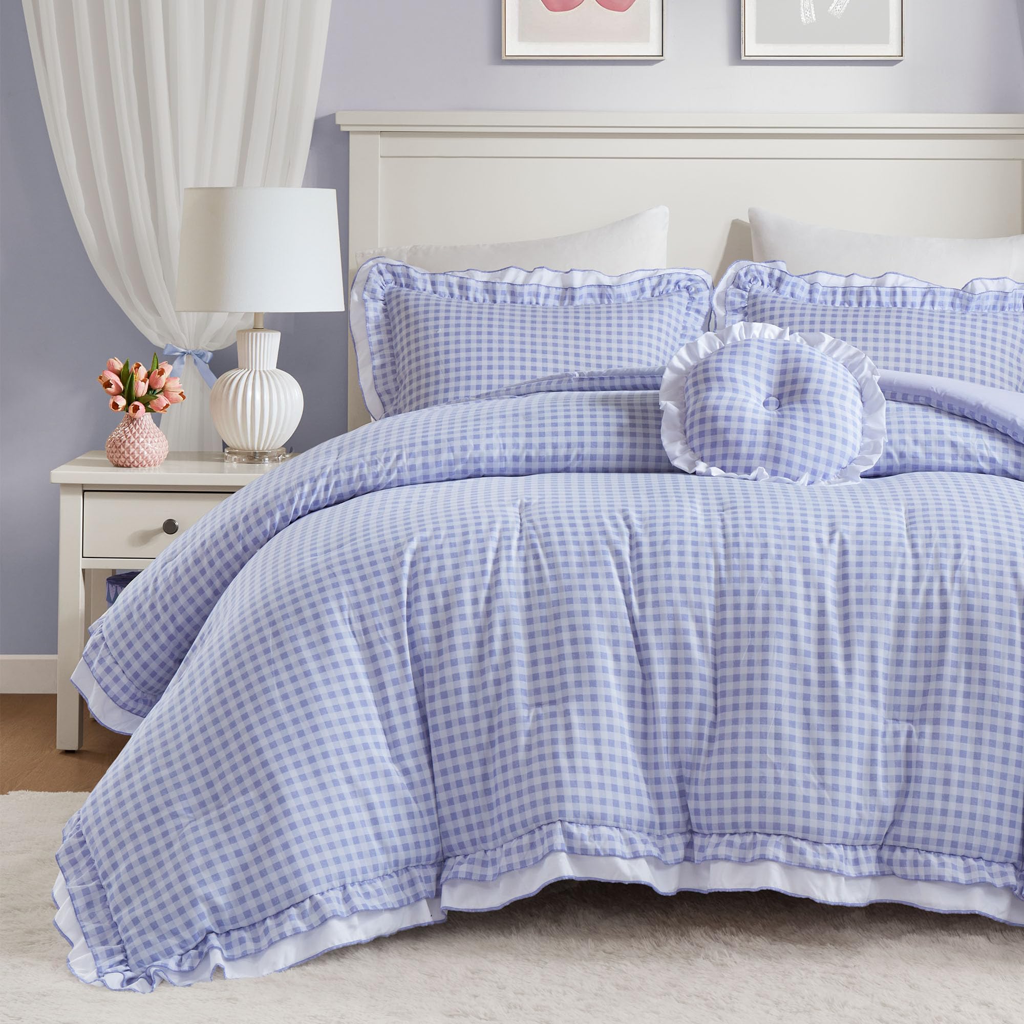 Intelligent Design Intelligent Design Gingham Ruffled Vintage Blue Queen Comforter Set, 4pc | Bedding Full Size, Girls Bedroom, Farmhouse, Reversible, All-Season, Lightweight, Machine Washable, Easy Care, Cozy, Full/Queen, Blue