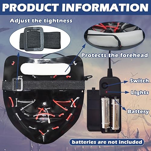 Miniatura 6 de KaTiSeMo Máscara de Halloween con luz LED, máscara de purga de Halloween con 4 modos de iluminación, máscara de grito aterrador para festivales y